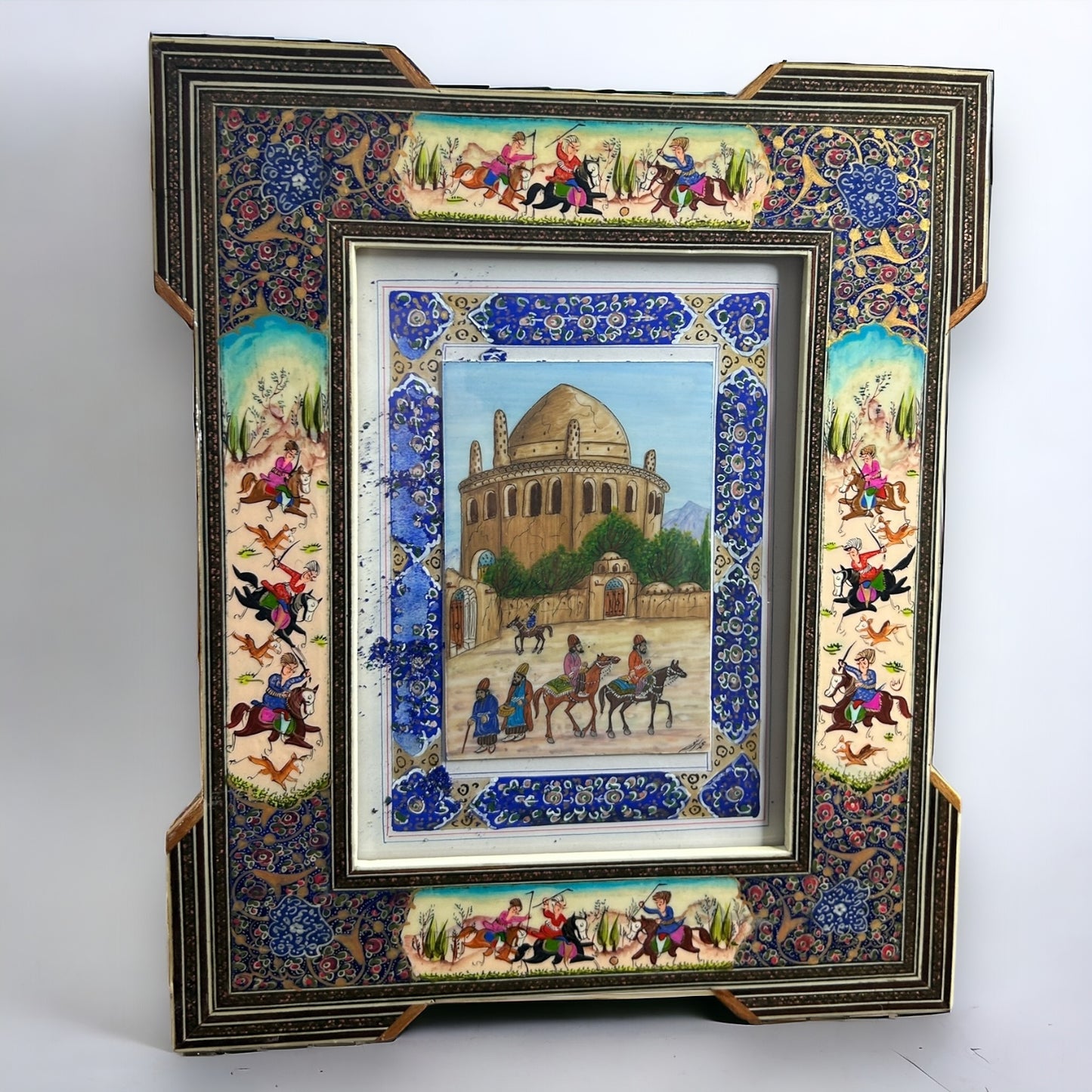Vintage 1950s Persian Khatam Mosaic Watercolour Painting