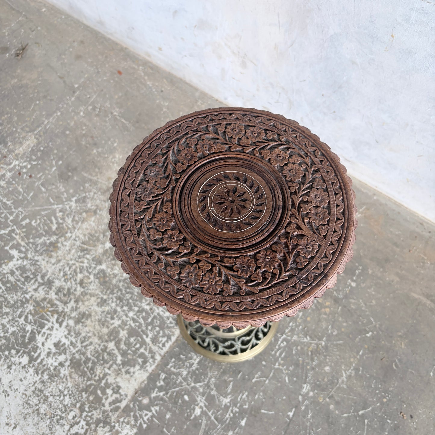 Antique Hand-Carved Wooden & Brass Plant Stand | Indian Carved Pedestal Side Table