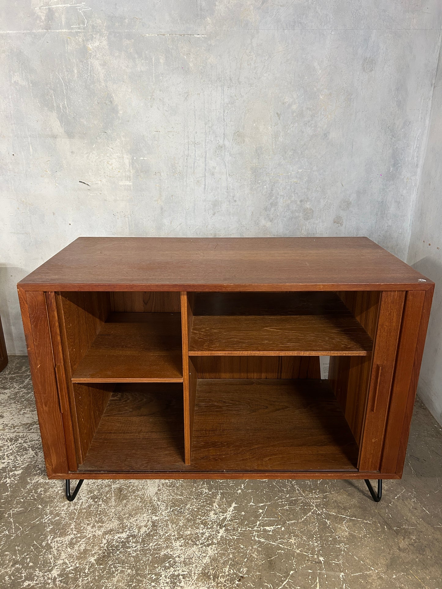Mid Century Danish Teak Tambour Cabinet on Hairpin Legs | Vintage Sideboard Storage