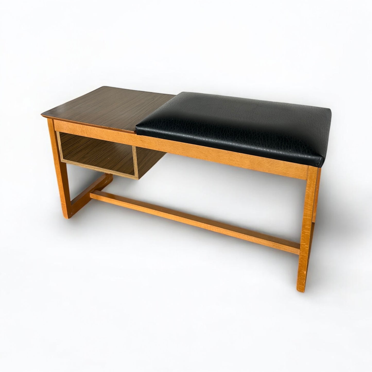 Mid Century Teak And Leather Telephone Seat Table
