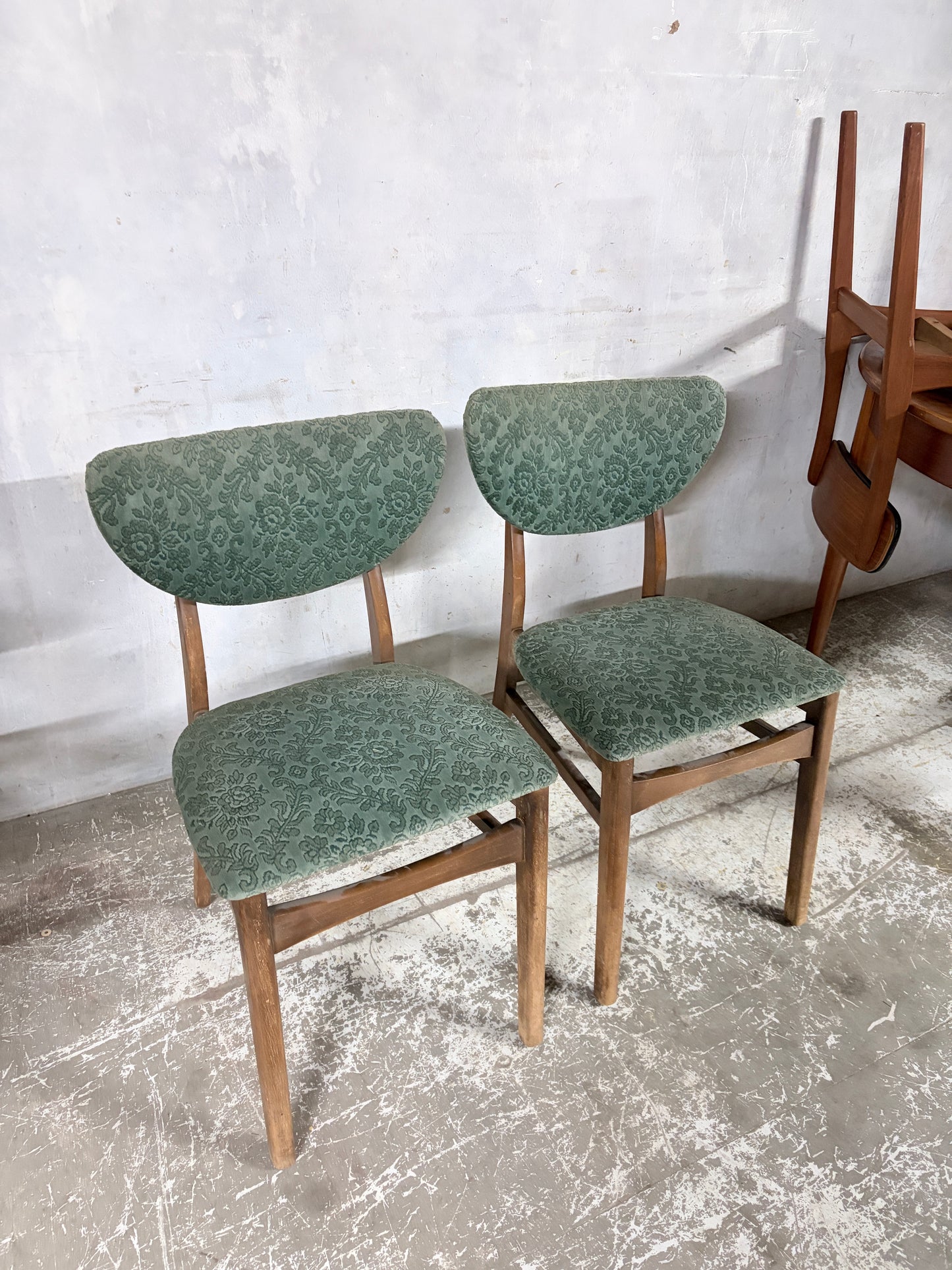 Mid Century Danish Teak Butterfly Back Dining Chairs – Pair, Green Upholstery