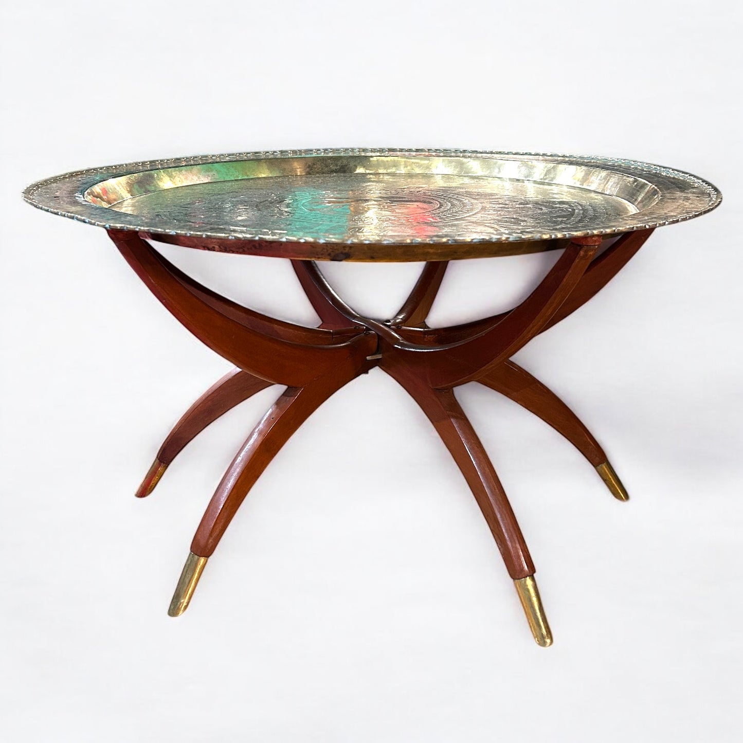 Mid Century Modern Oval Brass Tea Tray Table Oriental Coffee Table With Spider Leg Base