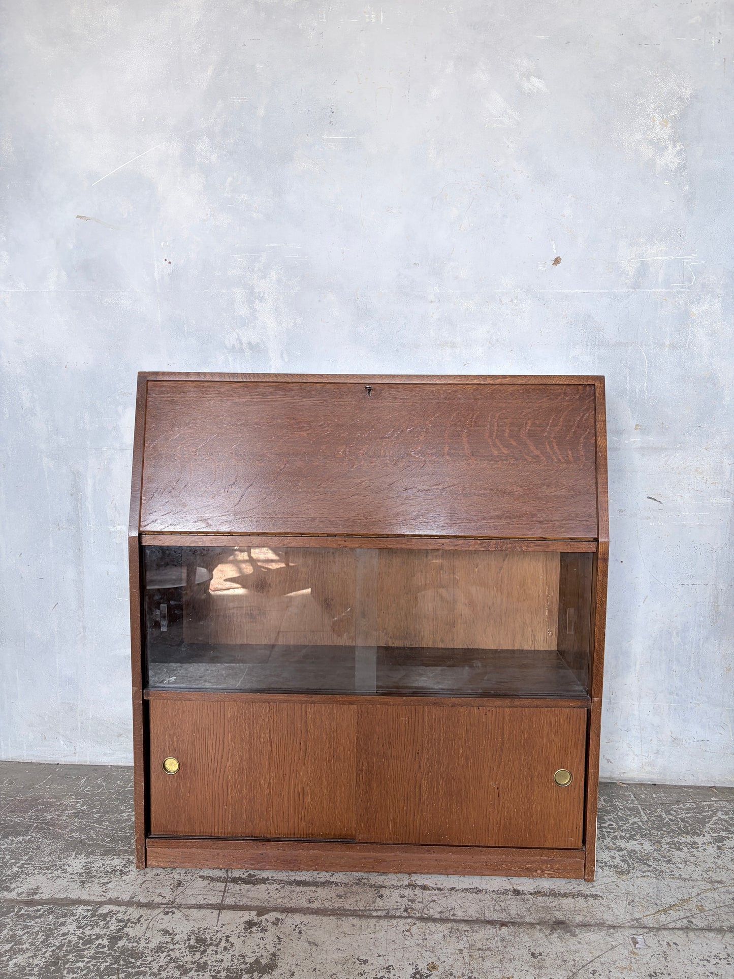 Vintage Mid Century Oak Bureau Cabinet with Sliding Doors