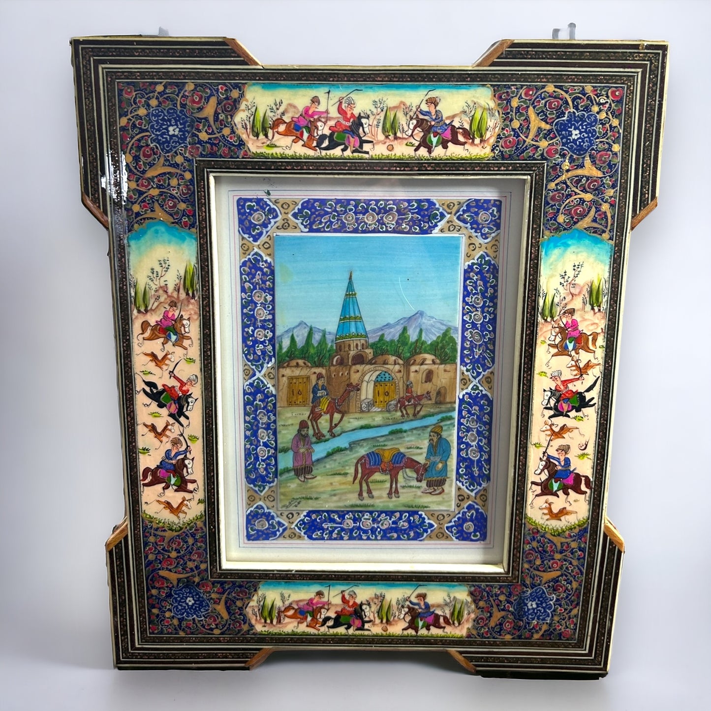 Vintage 1950s Persian Khatam Mosaic Watercolour Painting
