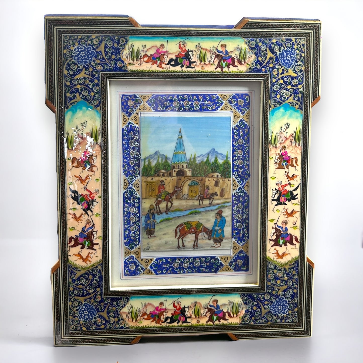 Vintage 1950s Persian Khatam Mosaic Watercolour Painting