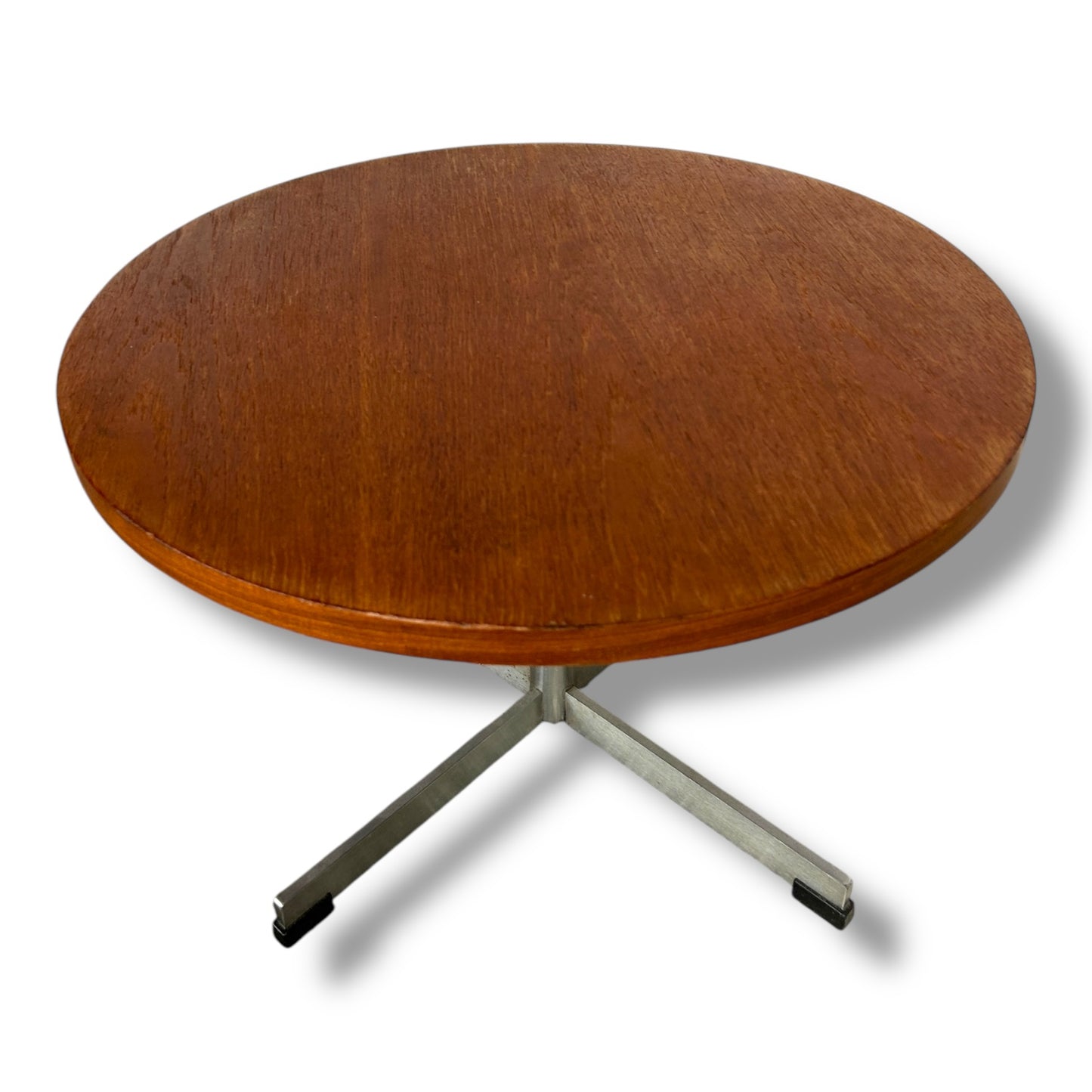 Danish Mid Century Round Coffee Table | Teak & Chrome Cross Base