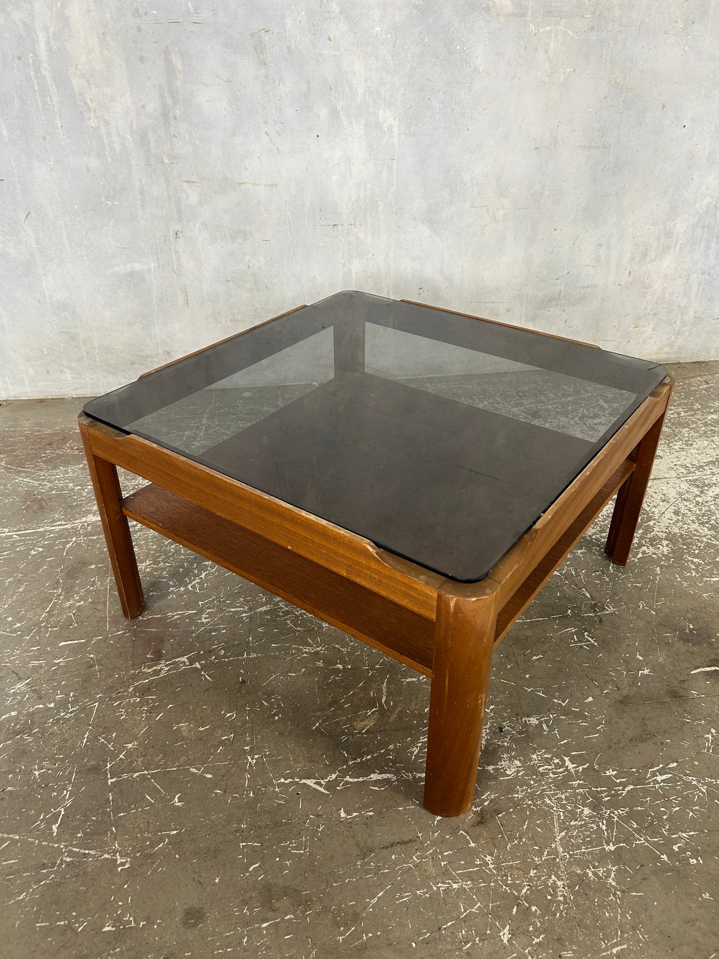 Myers Square Coffee Table | Mid Century Smoked Glass Top with Shelf