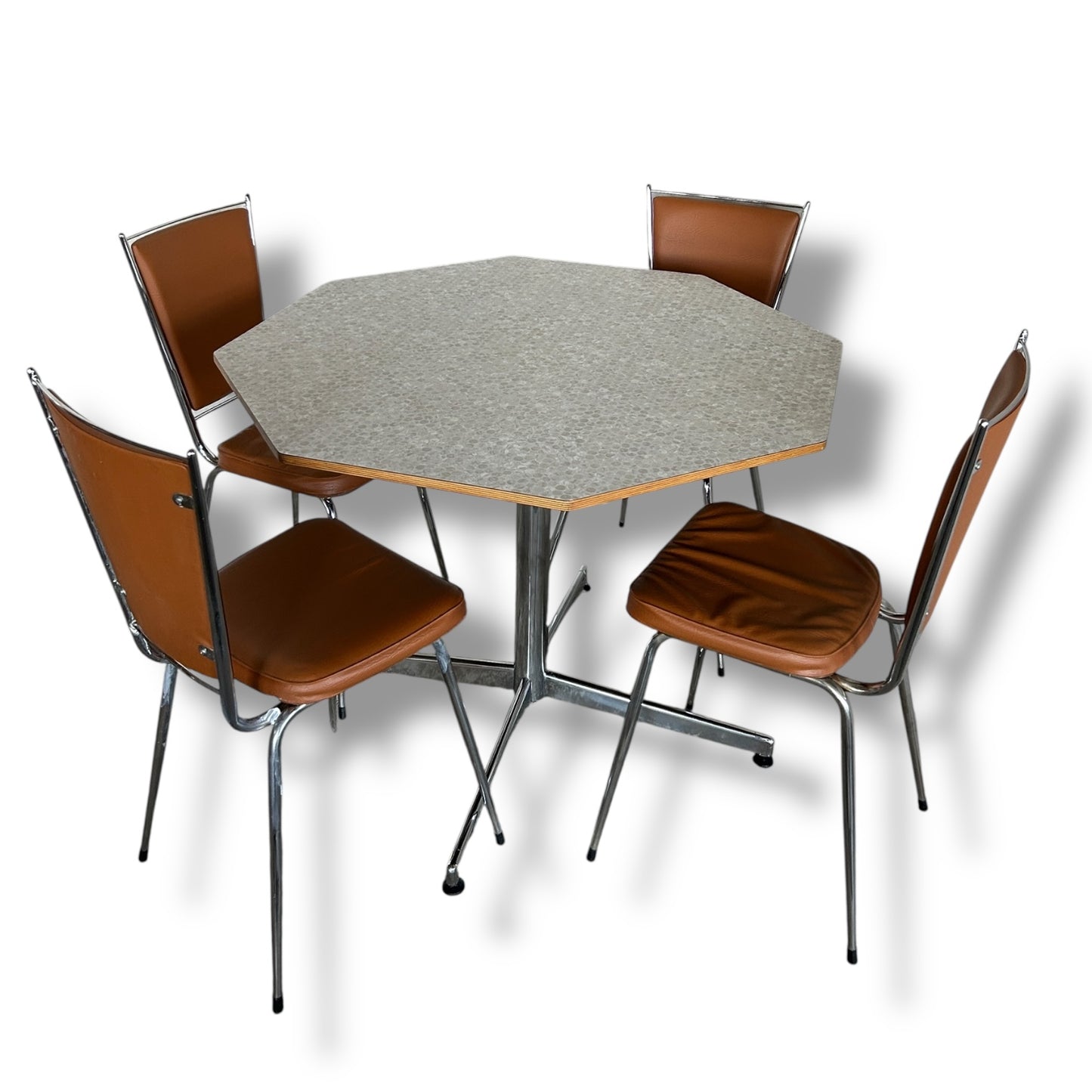 Mid Century Modern Hexagonal Formica Dining Table and French Leatherette Chairs Set