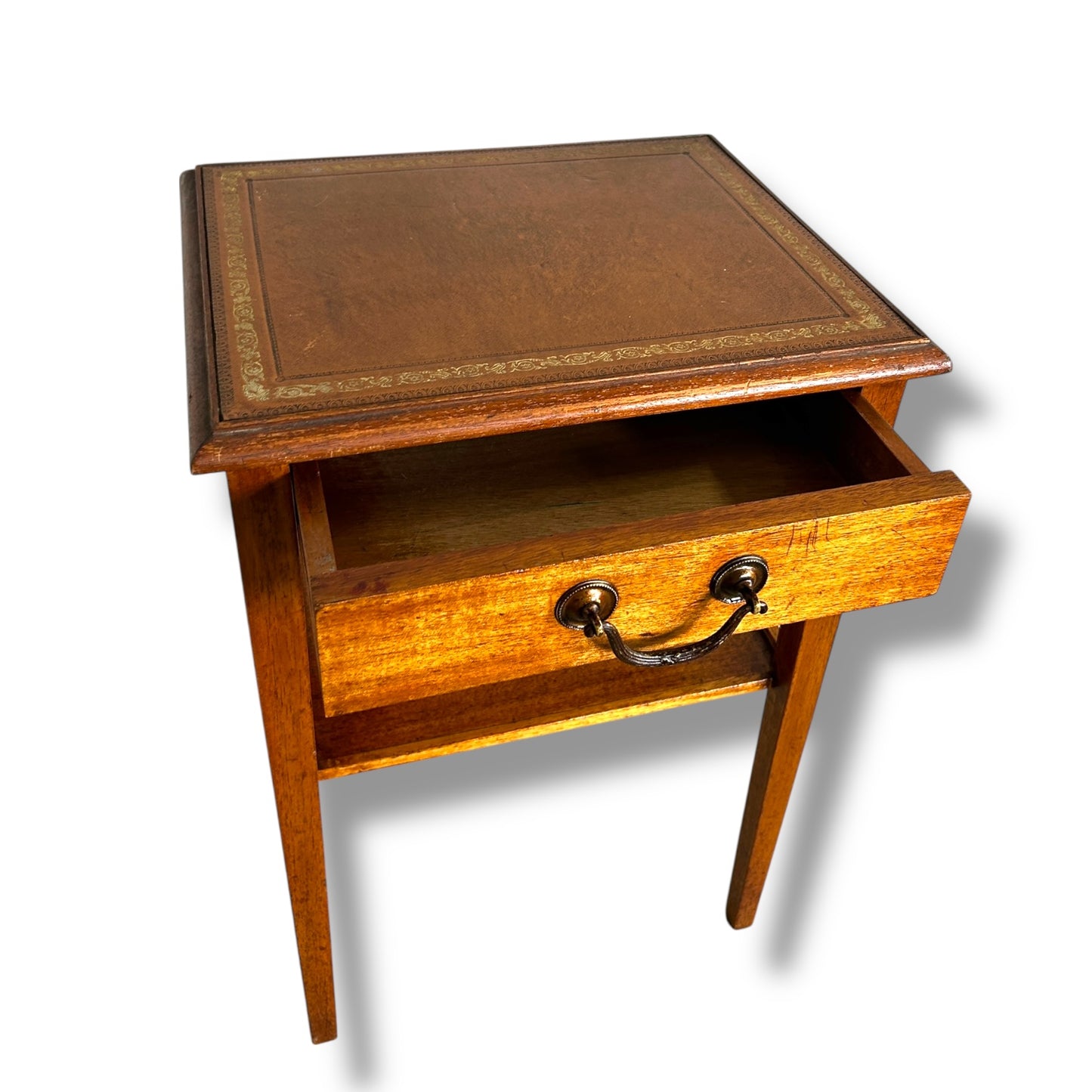 Vintage Oak Bedside Cabinet with Drawer & Leather Inlay Top | Antique Nightstand Table