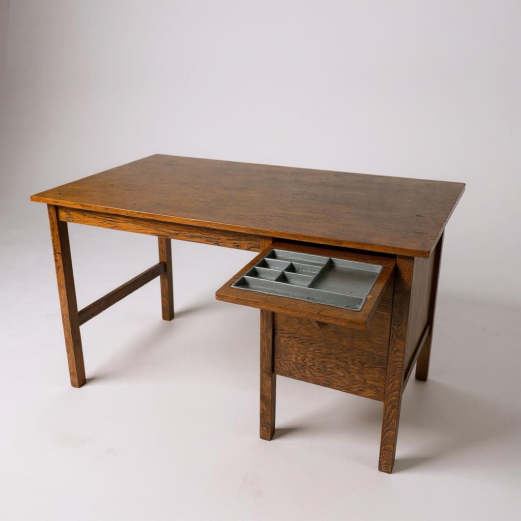 Rustic Oak Mid Century School Desk – Vintage Writing Table MCM Retro Office
