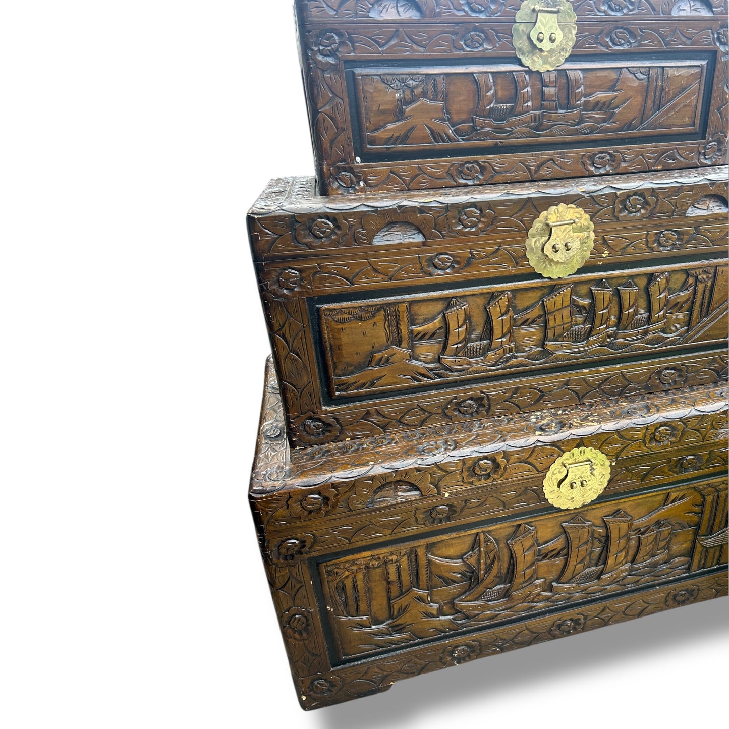 Vintage Chinese carved Camphor wood set of three stacking chests