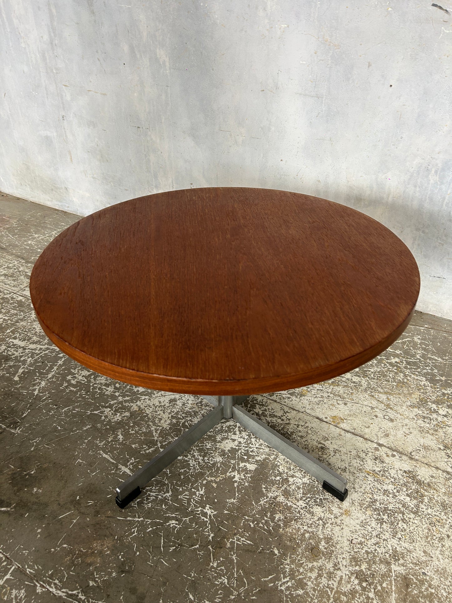 Danish Mid Century Round Coffee Table | Teak & Chrome Cross Base