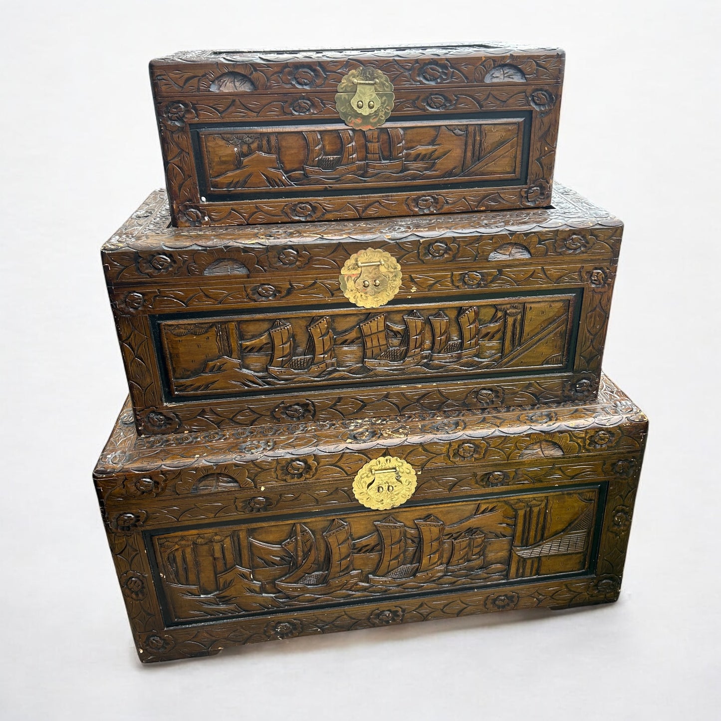 Vintage Chinese carved Camphor wood set of three stacking chests