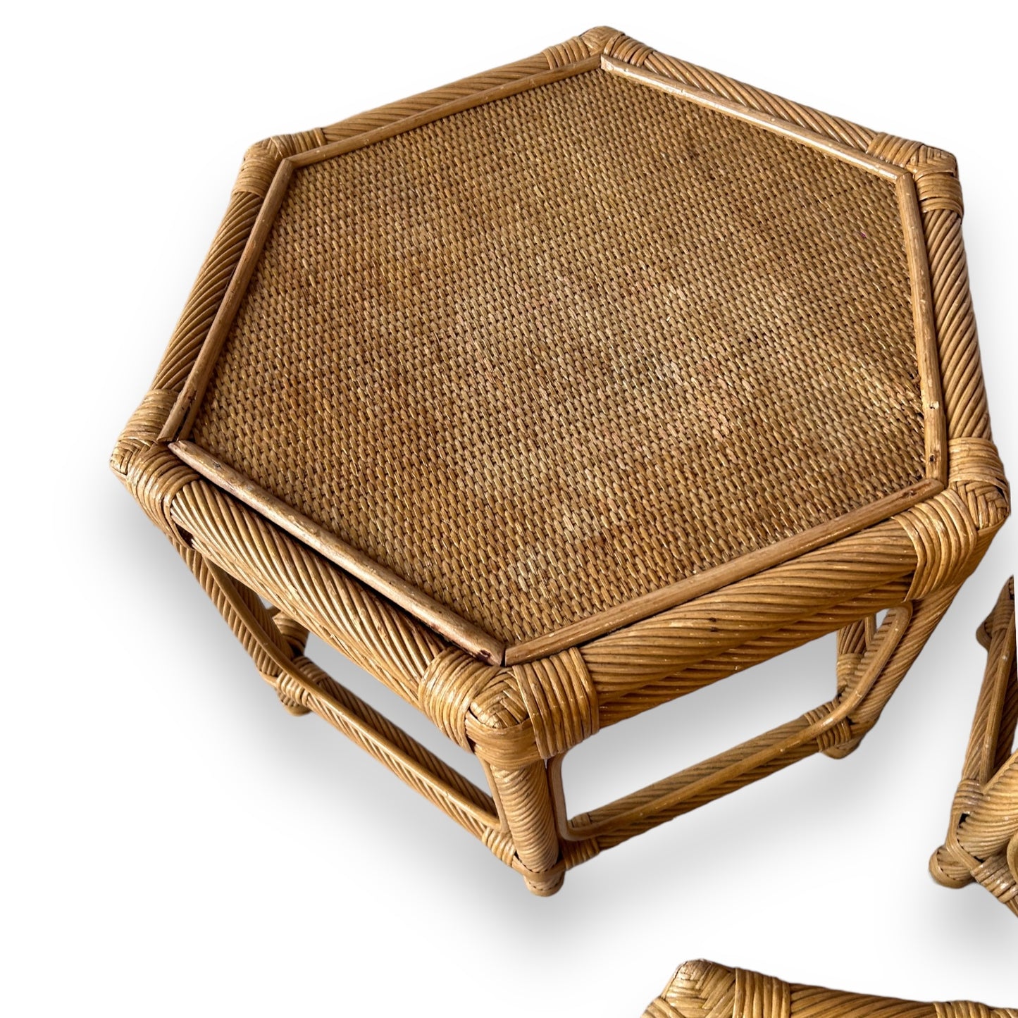 mid century set of 3 bamboo hexagonal tables