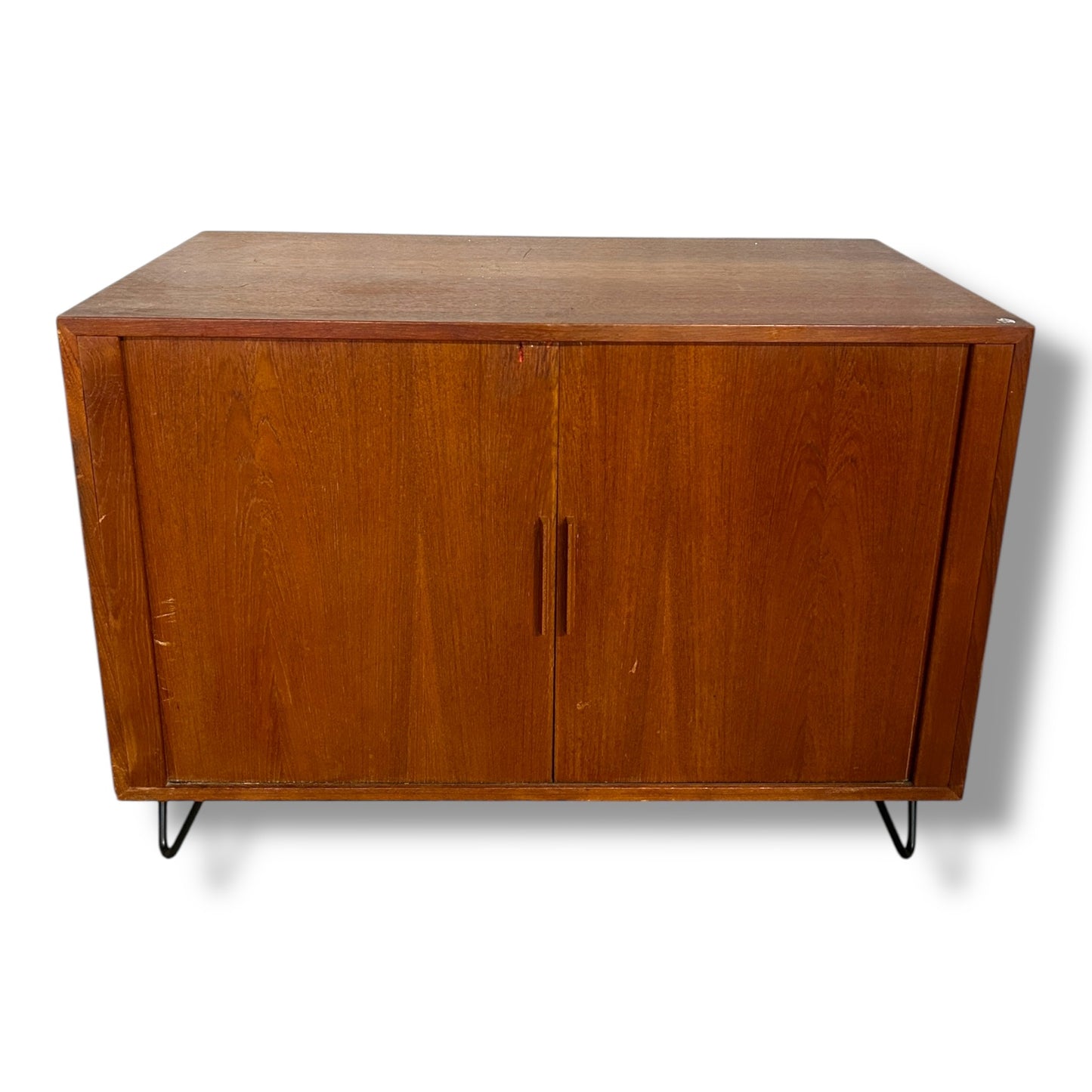 Mid Century Danish Teak Tambour Cabinet on Hairpin Legs | Vintage Sideboard Storage