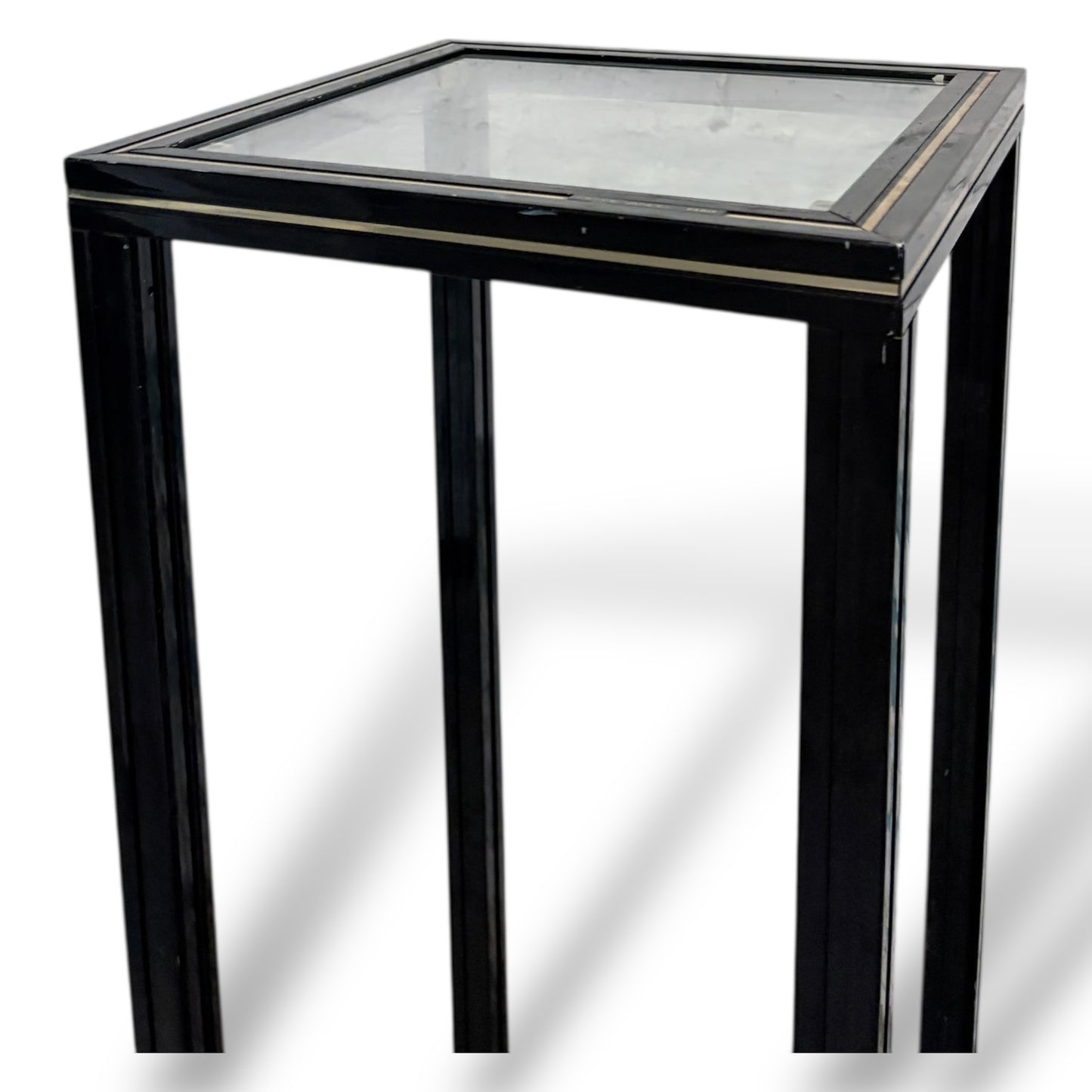 Vintage 1980s Pierre Vandel French Glass & Black Metal Plant Stand / Pedestal
