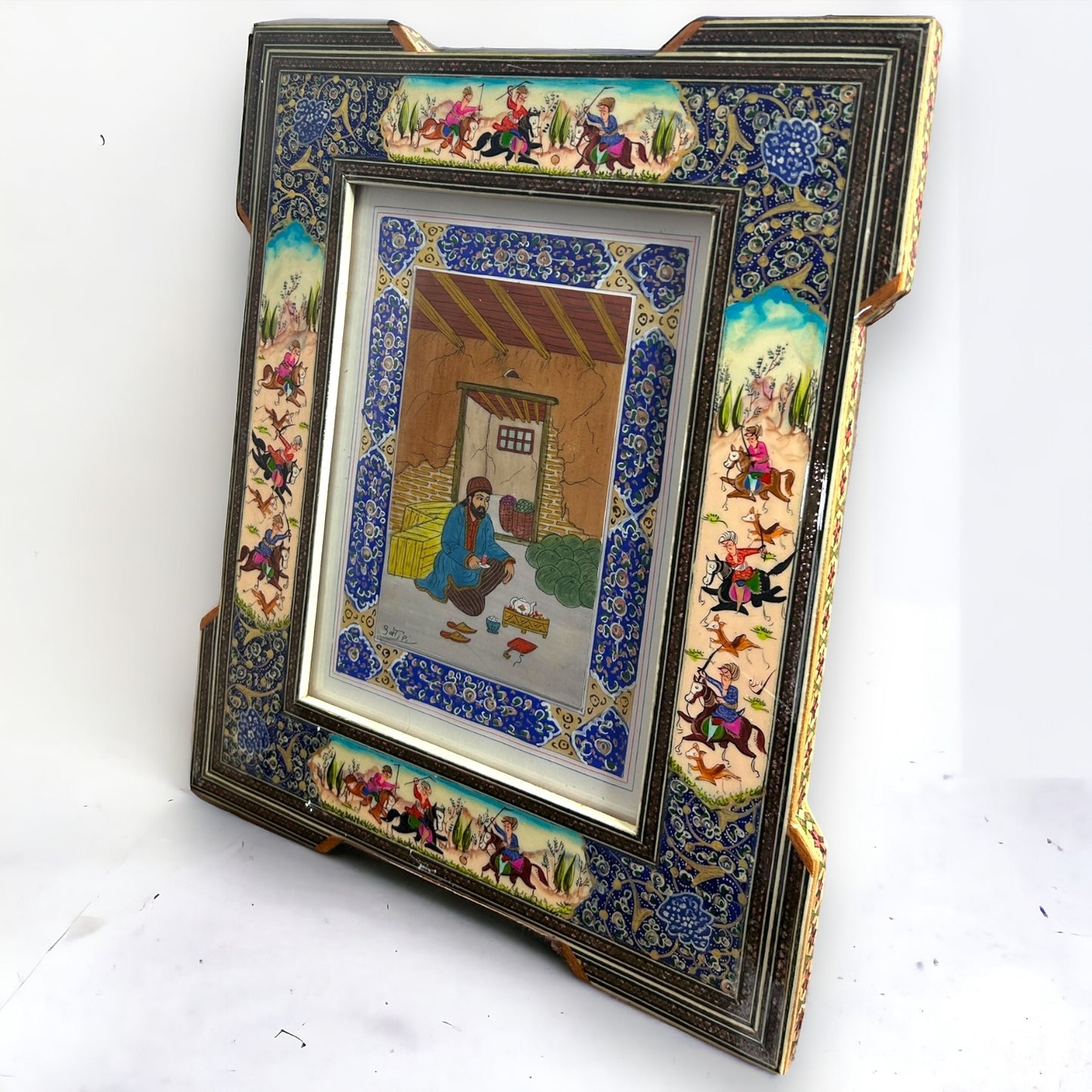 Vintage 1950s Persian Khatam Mosaic Watercolour Painting