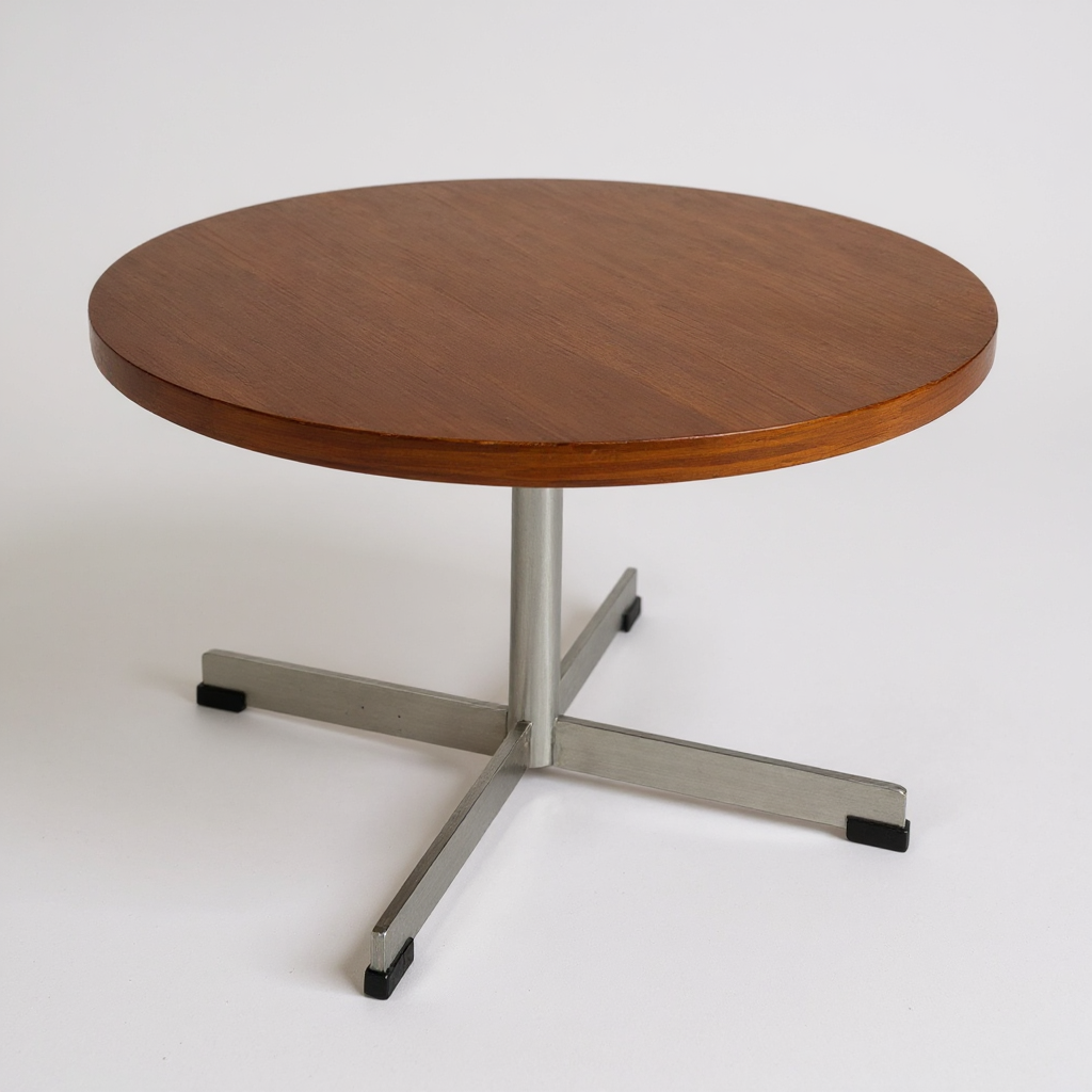 Danish Mid Century Round Coffee Table | Teak & Chrome Cross Base