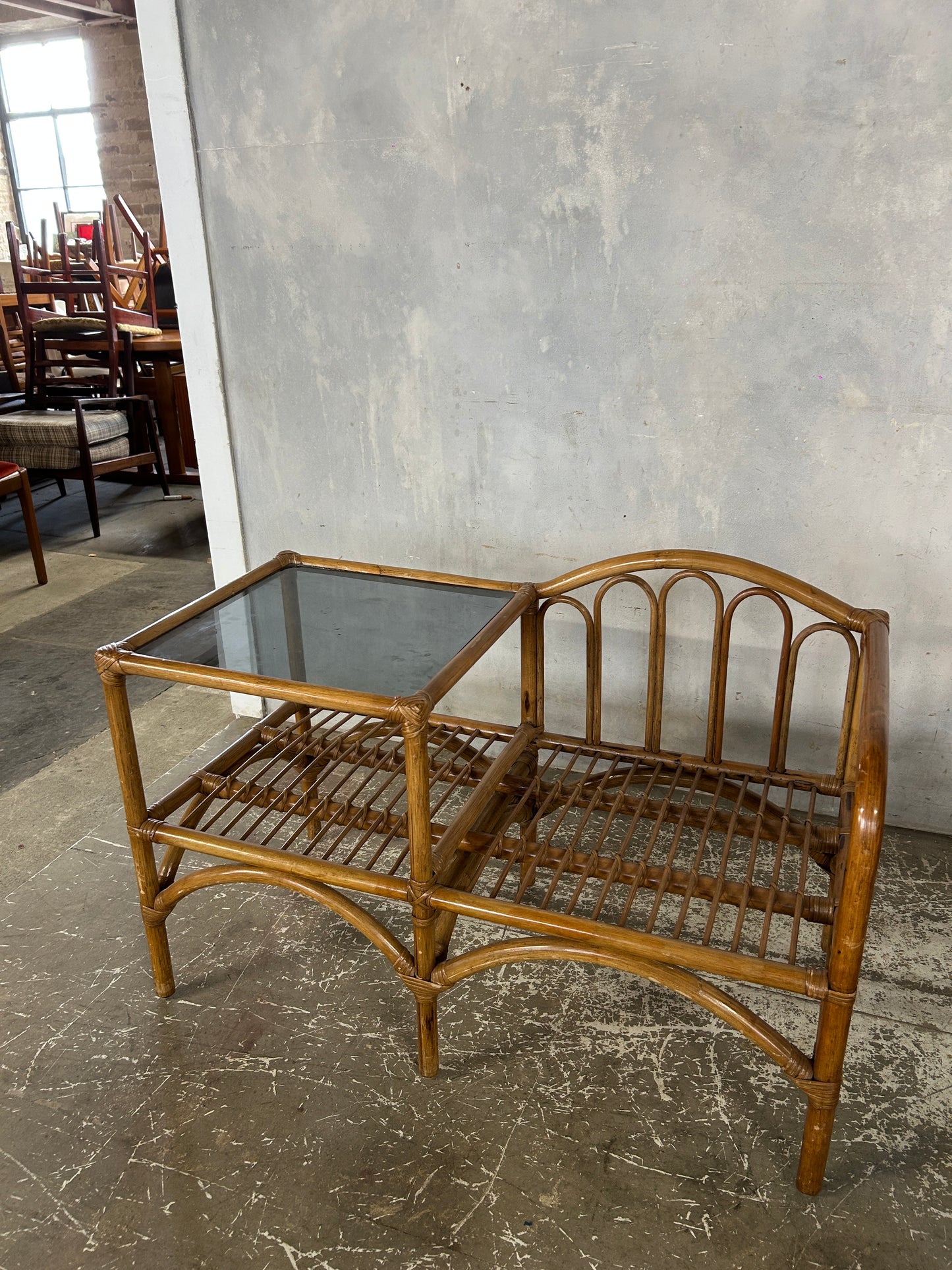 Vintage Bamboo Telephone Table with Smoked Glass Top | Boho Mid Century Rattan Hallway Seat