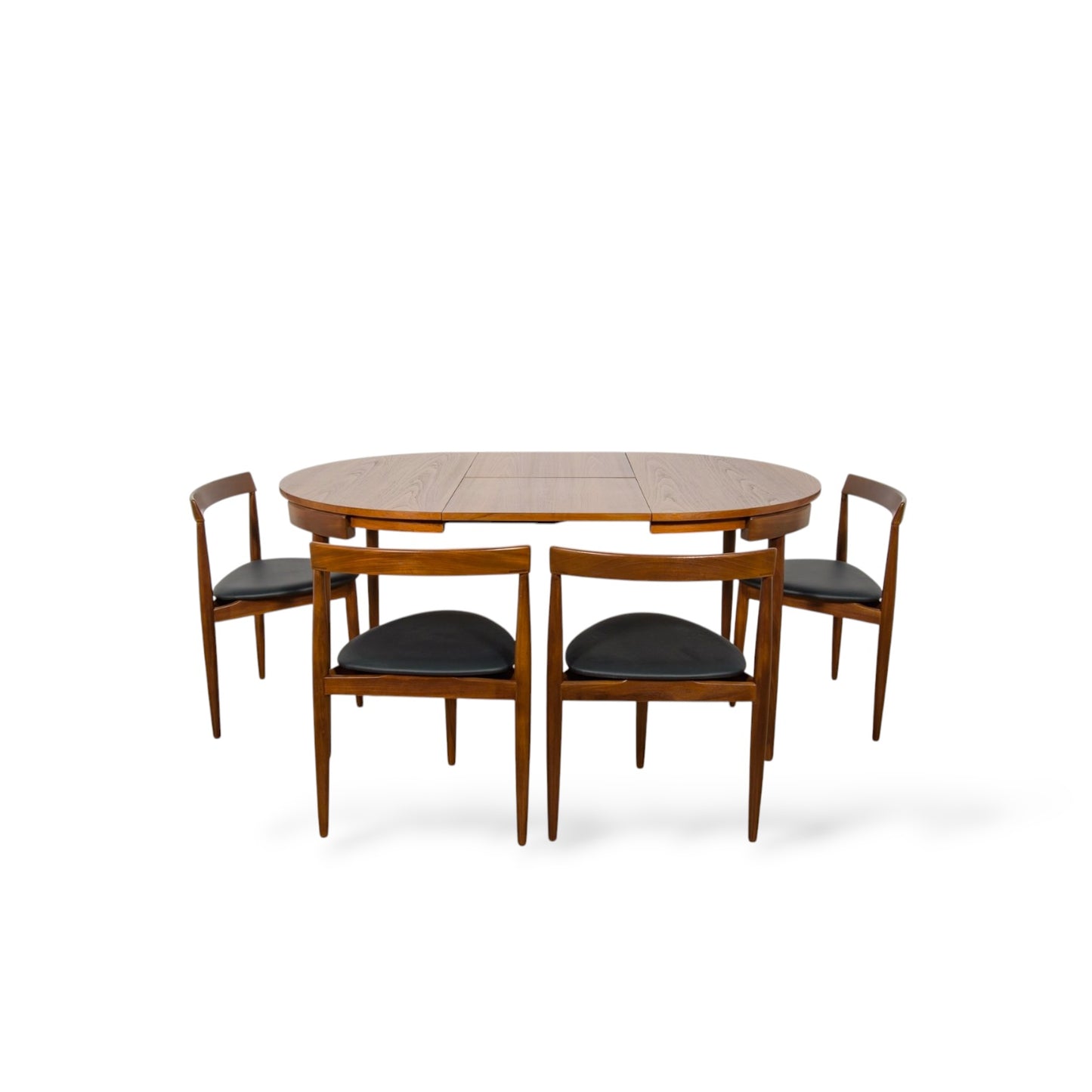 Hans Olsen Frem Røjle Teak Dining Set | Danish Mid Century Round Extending Table & 4 Tri-Leg Chairs