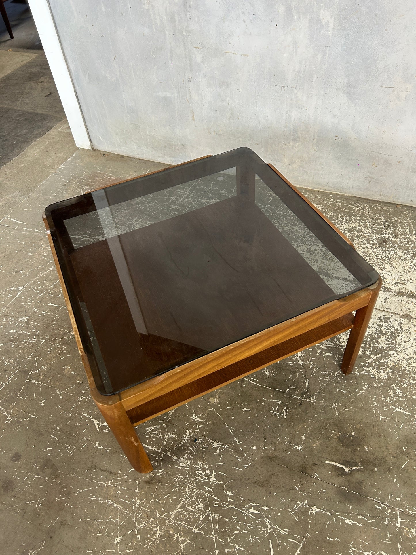 Myers Square Coffee Table | Mid Century Smoked Glass Top with Shelf
