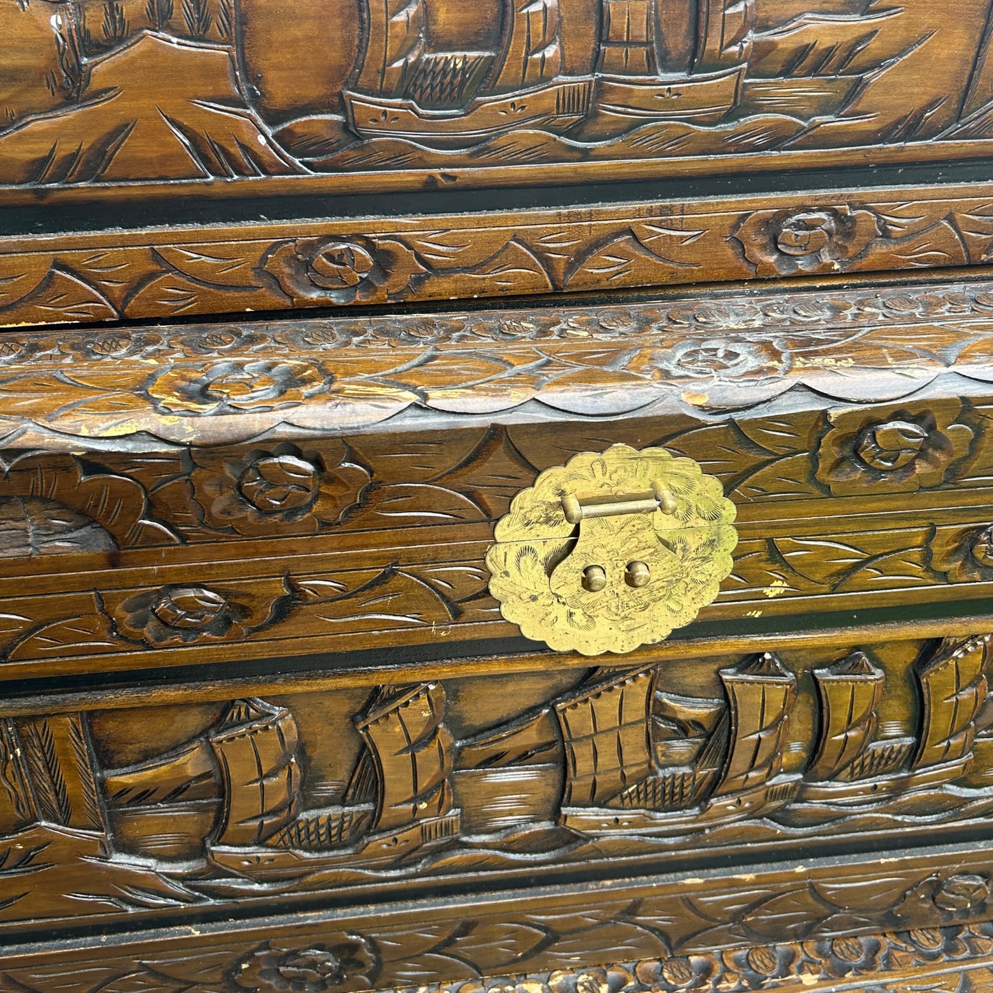 Vintage Chinese carved Camphor wood set of three stacking chests