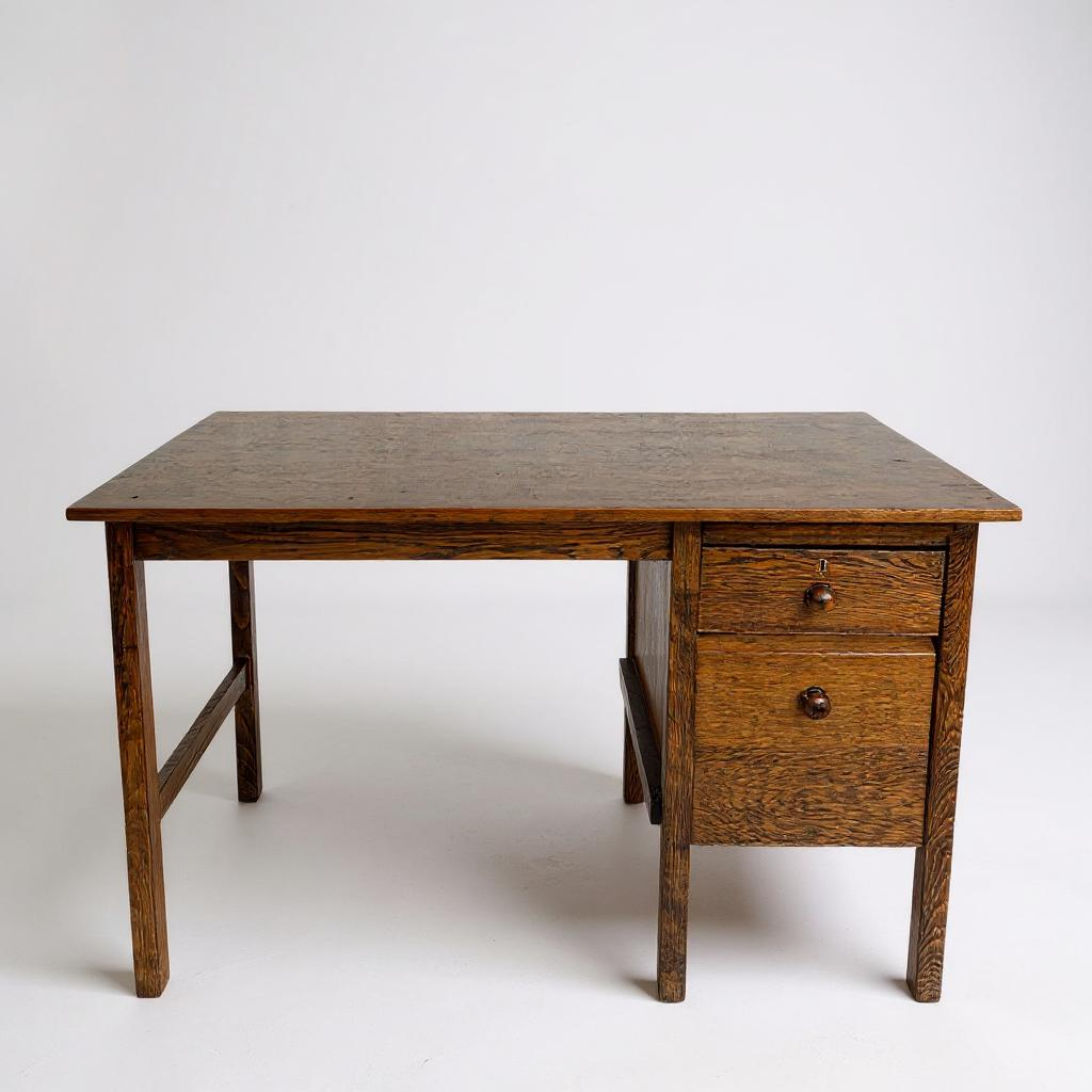 Rustic Oak Mid Century School Desk – Vintage Writing Table MCM Retro Office