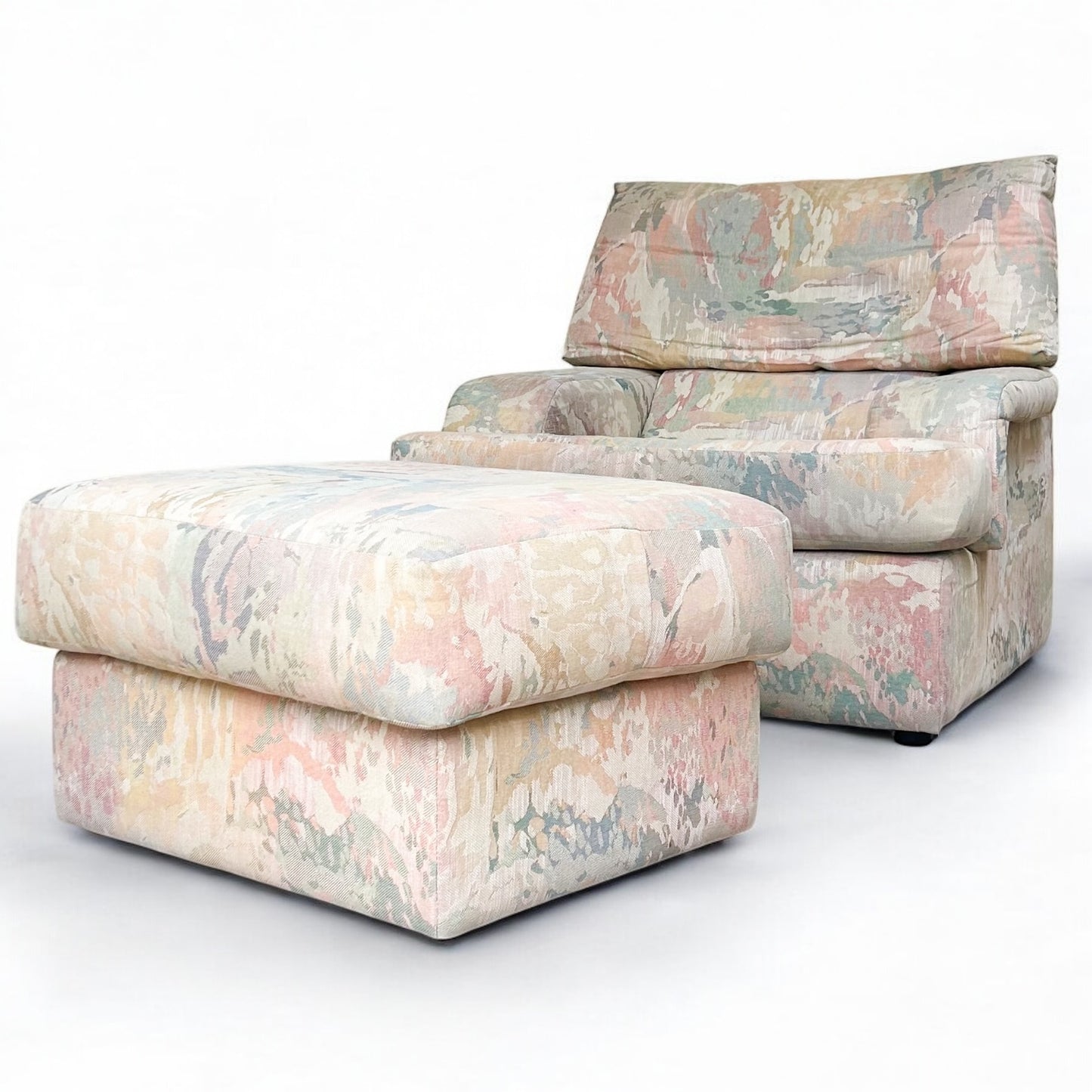 Vintage 1980s/1990s Abstract Pattern Armchair & Footstool – Retro Memphis Style Lounge Set