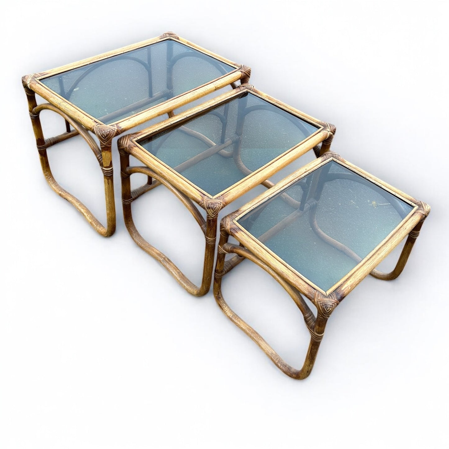 Mid Century bamboo and smoked glass nest of tables