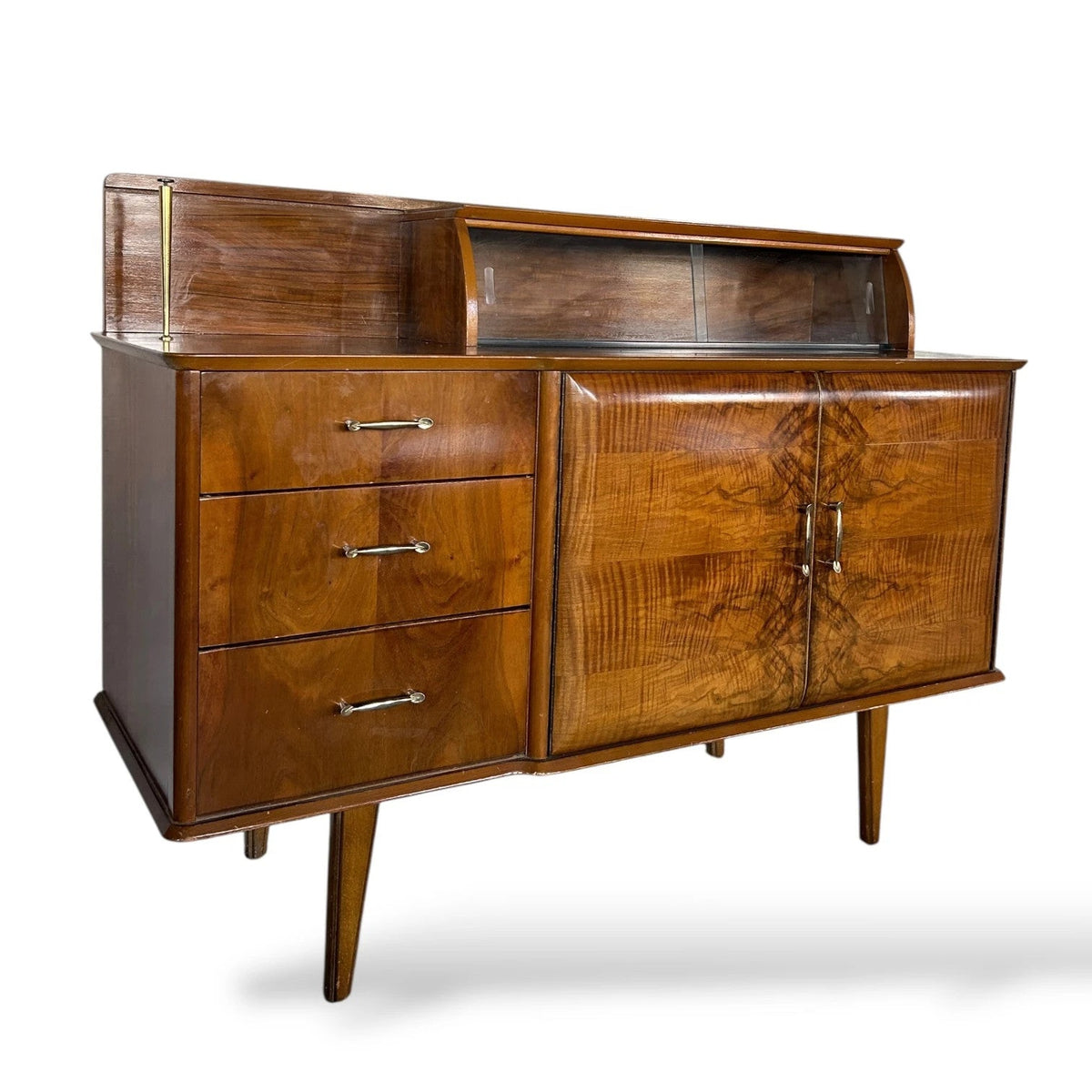 Mid Century Sideboard – Walnut Lebus Cabinet with Display Glass Doors & Drawers