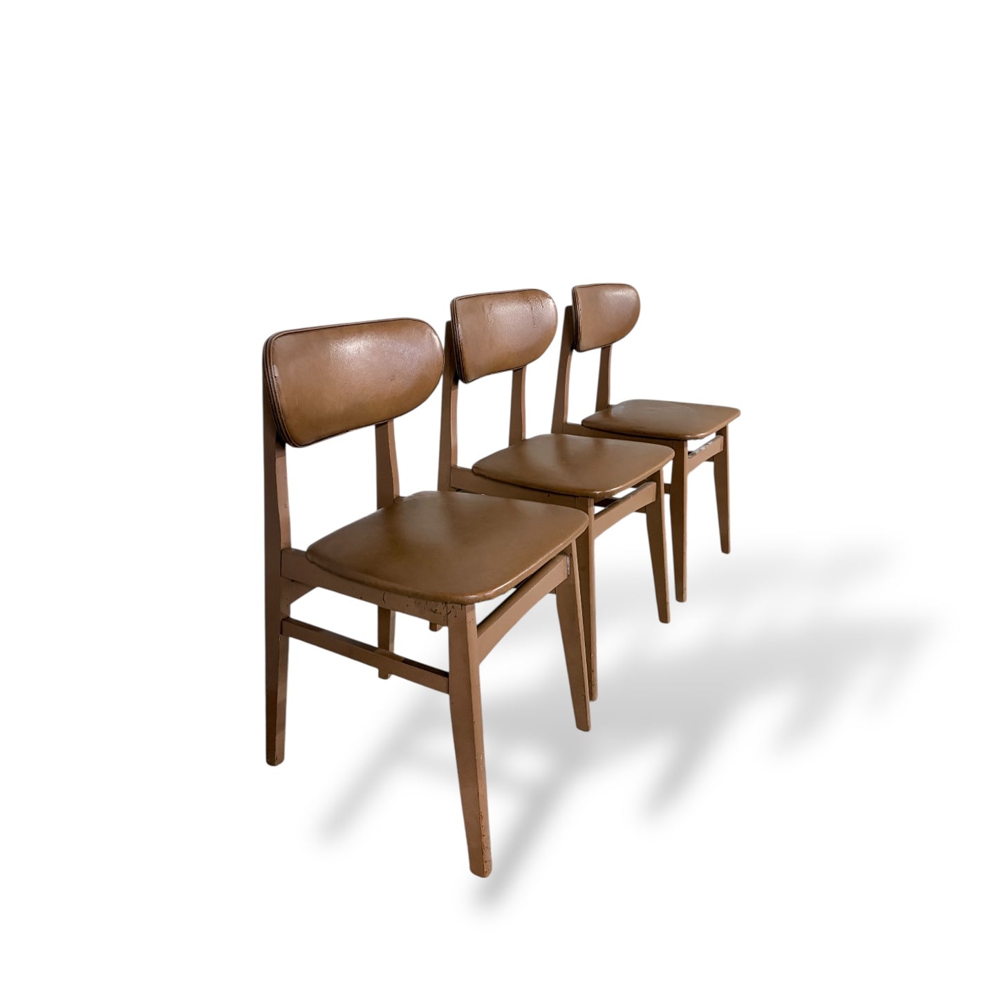 Set of Three Schreiber Dining Chairs – Mid Century Teak & Vinyl Chairs