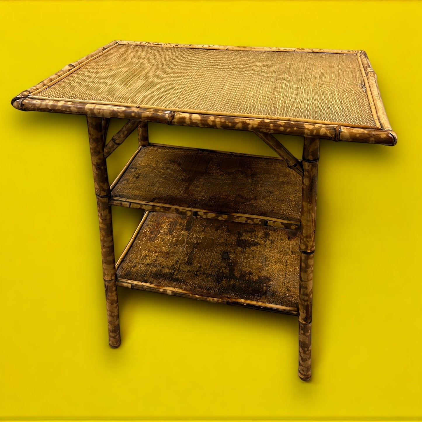 Mid Century Tiger Bamboo Two Tier Shelf Table