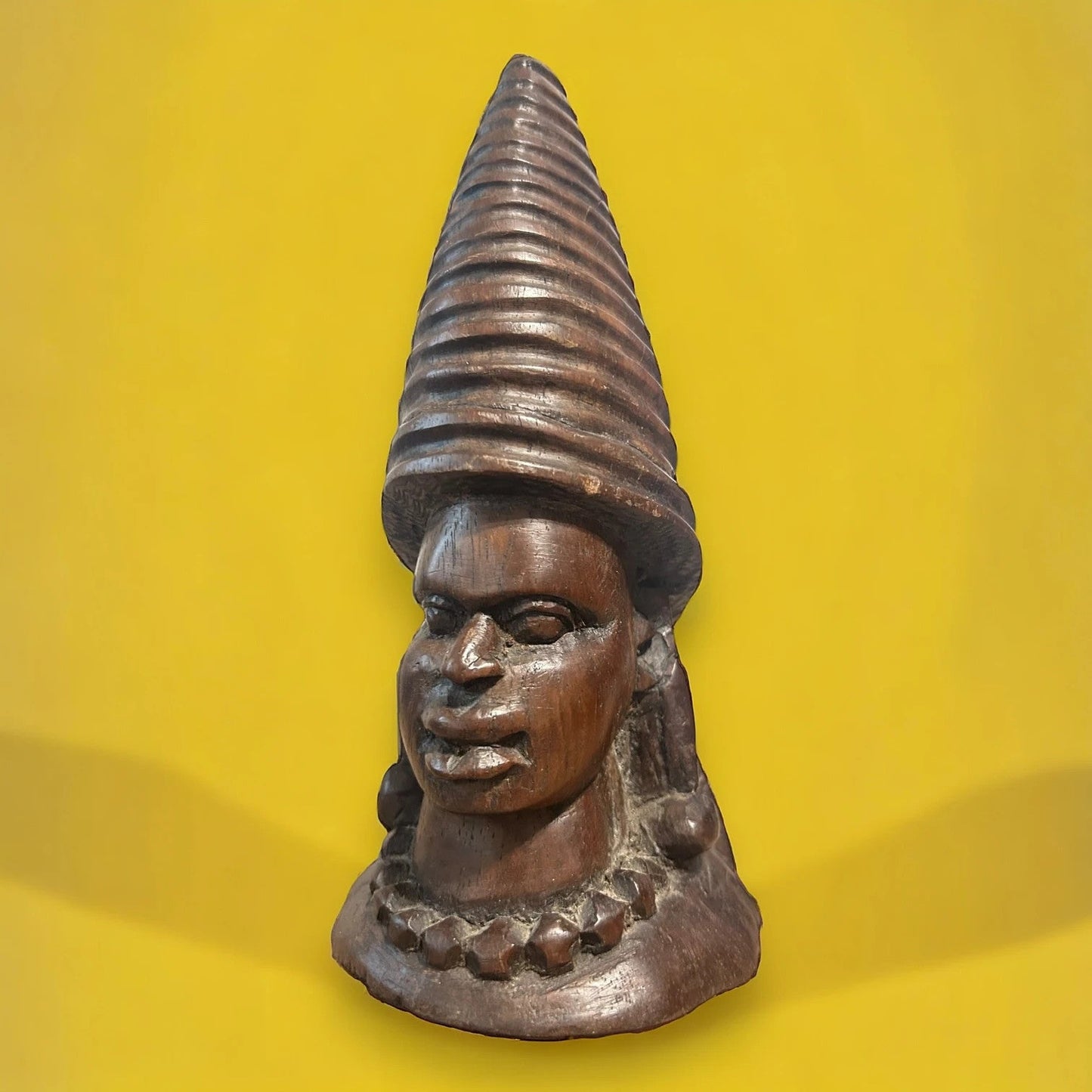 African Hand-Carved Wooden Bust Sculpture with Conical Headdress – Tribal Art — view 9