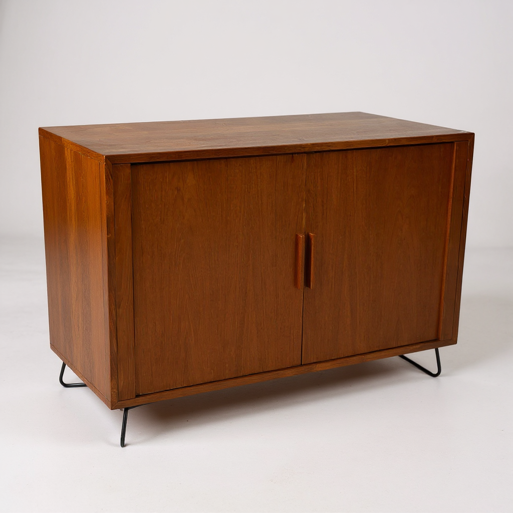 Mid Century Danish Teak Tambour Cabinet on Hairpin Legs | Vintage Sideboard Storage