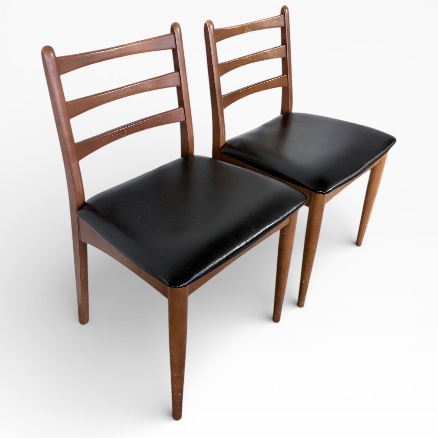 Mid Century Dining Chairs – Teak Ladder Back Chairs with Black Vinyl Seats