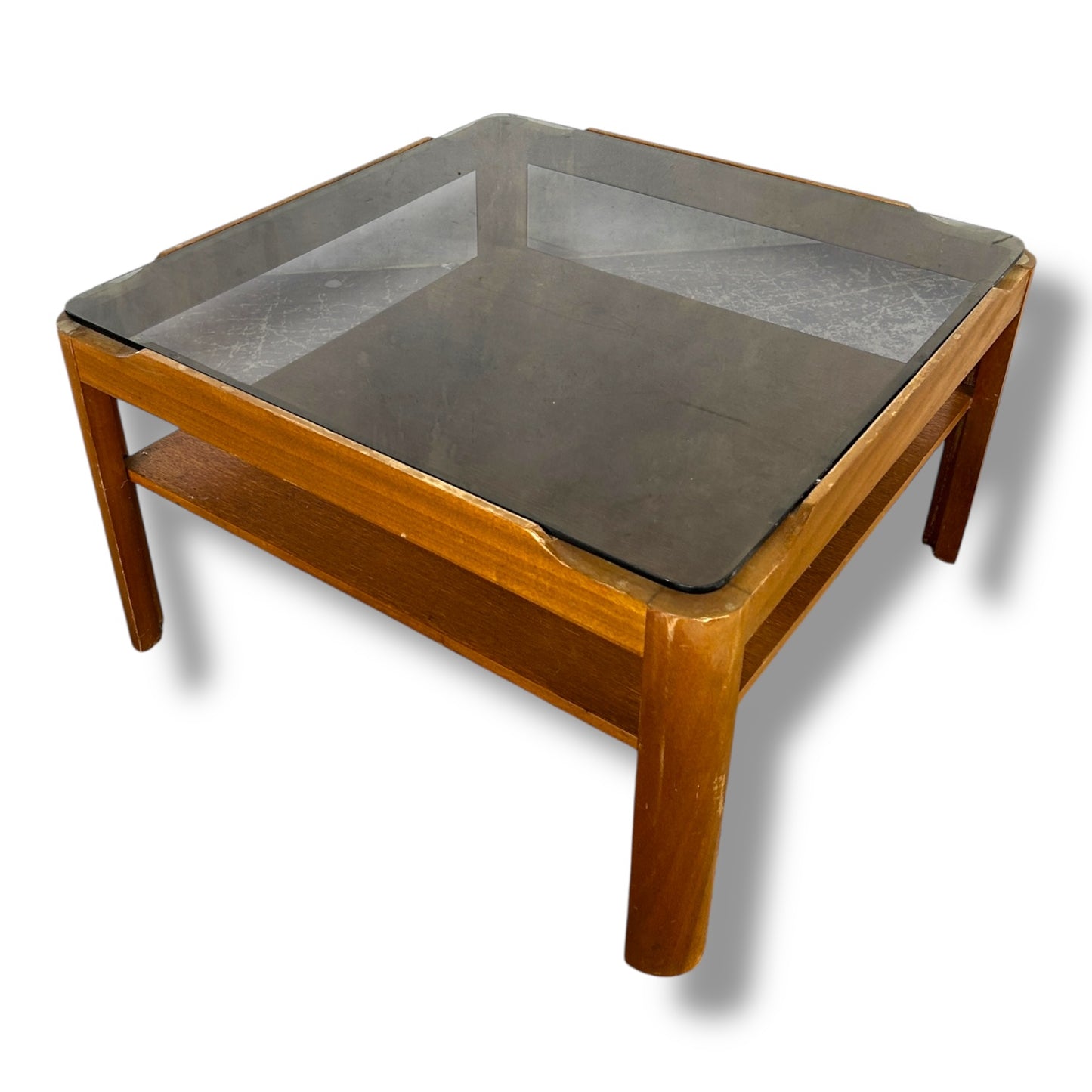Myers Square Coffee Table | Mid Century Smoked Glass Top with Shelf