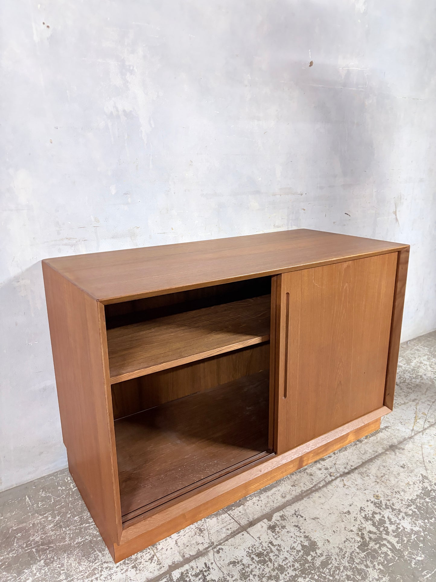 Mid Century Vintage Compact Danish Teak Sliding Door Sideboard