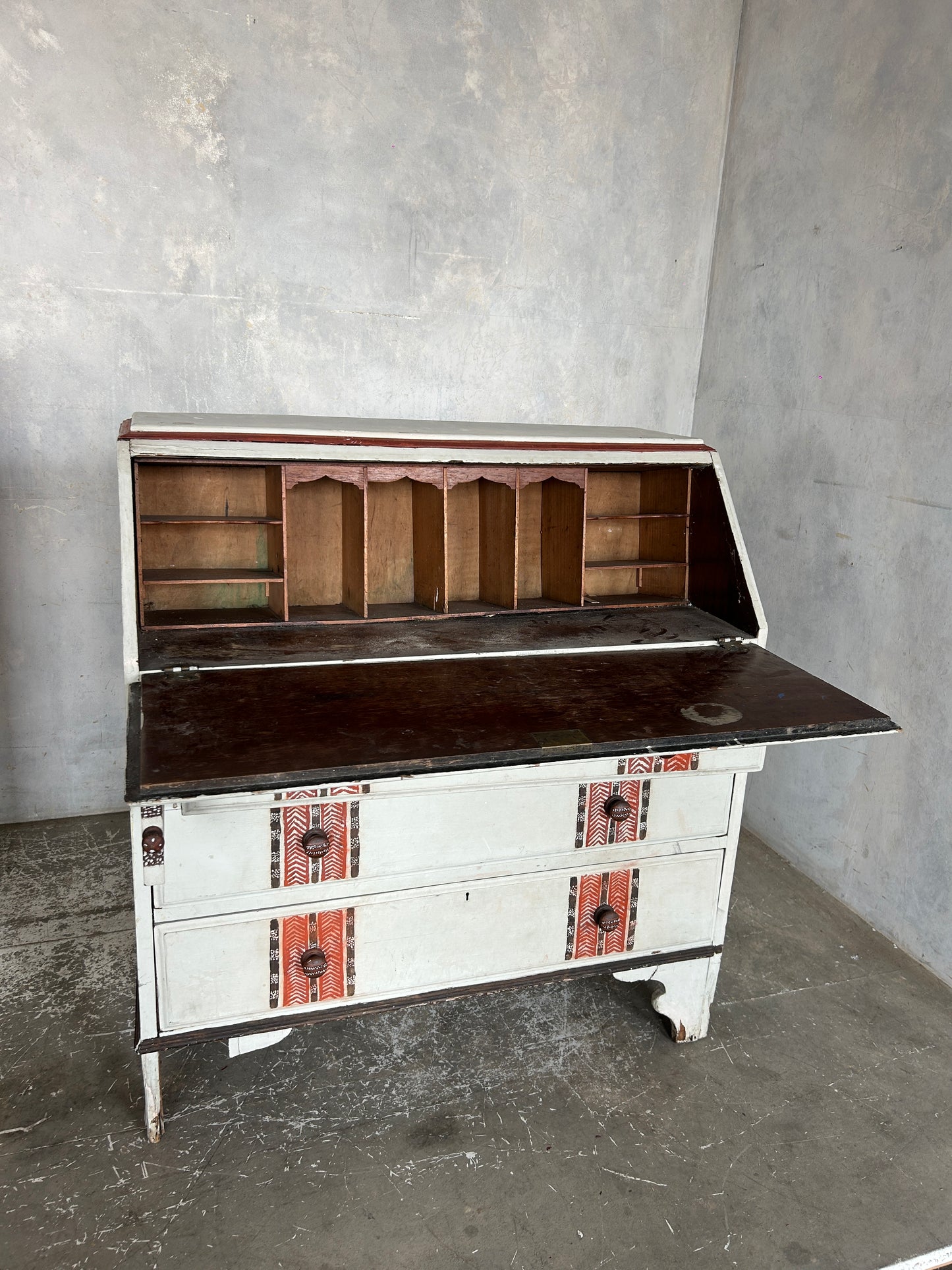 Vintage Handpainted Aboriginal Art Quirky Bureau Secretary Desk