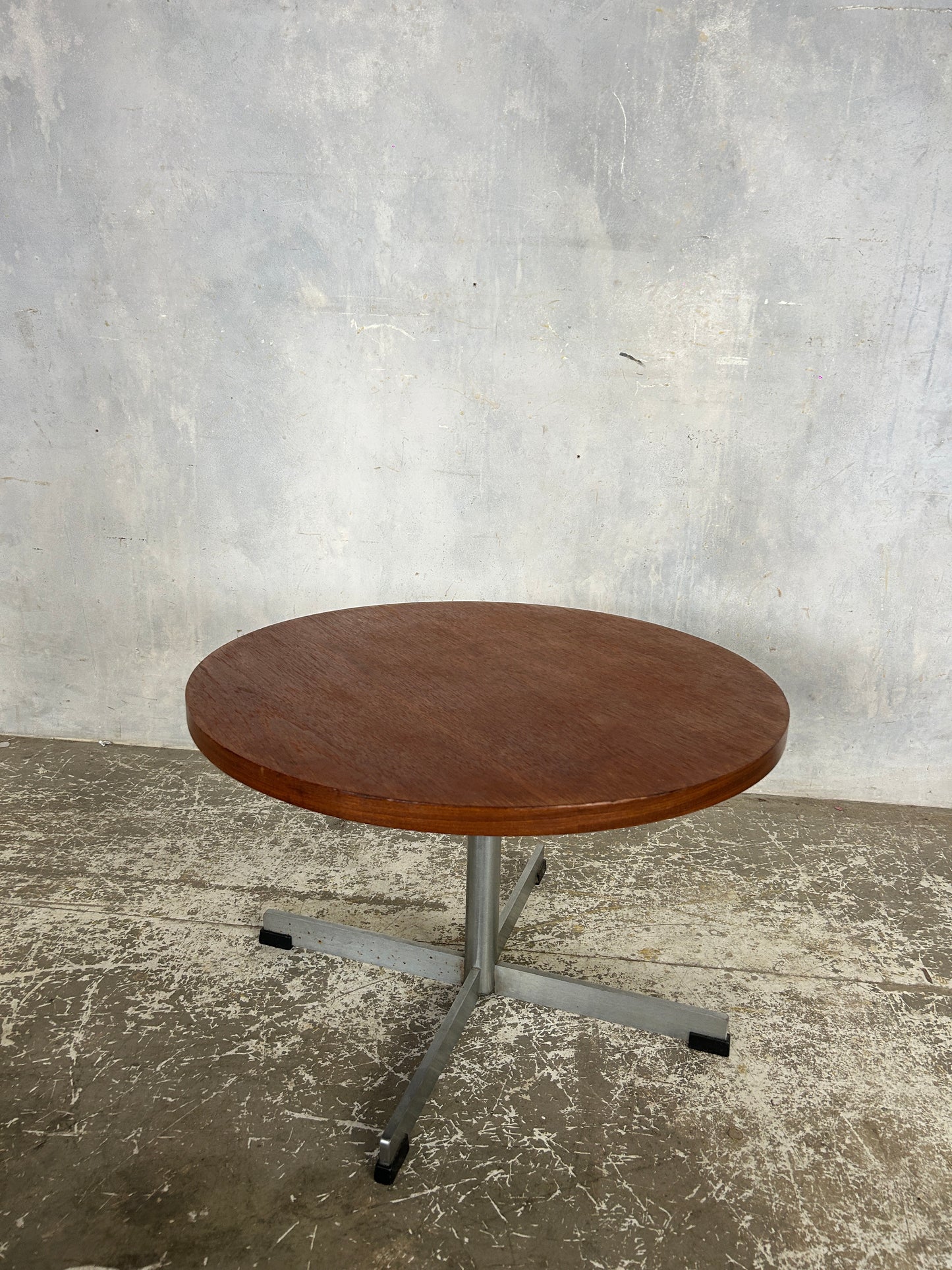 Danish Mid Century Round Coffee Table | Teak & Chrome Cross Base