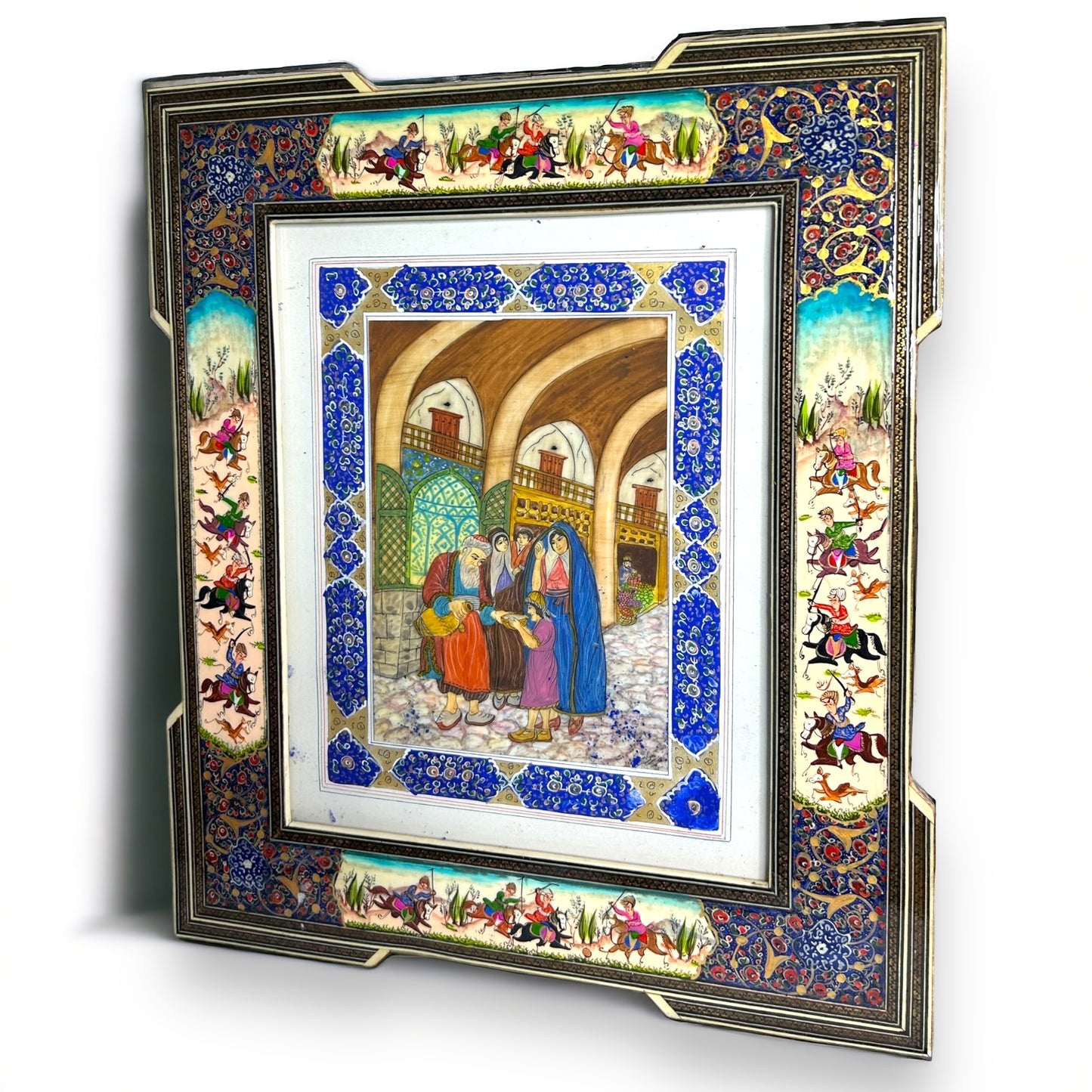 Vintage 1950s Persian Khatam Mosaic Watercolour Painting
