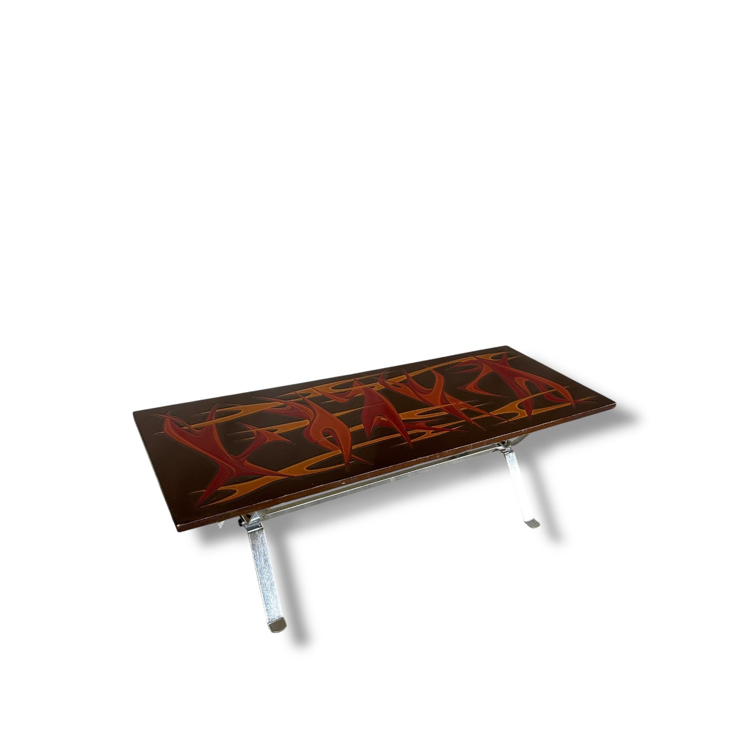 Mid Century Modern Flames Hand Painted Top Chrome Coffee Table