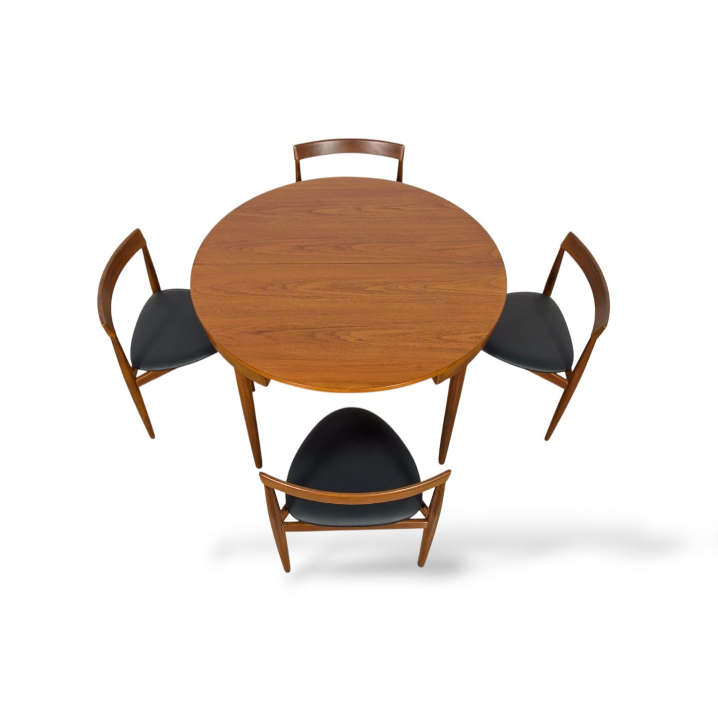 Hans Olsen Frem Røjle Teak Dining Set | Danish Mid Century Round Extending Table & 4 Tri-Leg Chairs