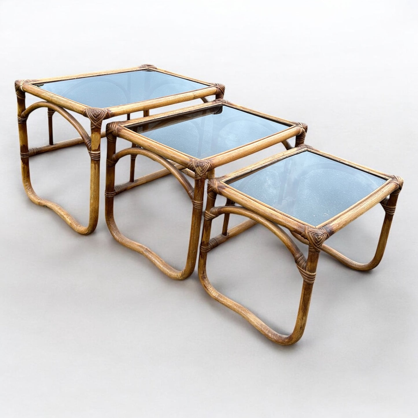 Mid Century bamboo and smoked glass nest of tables