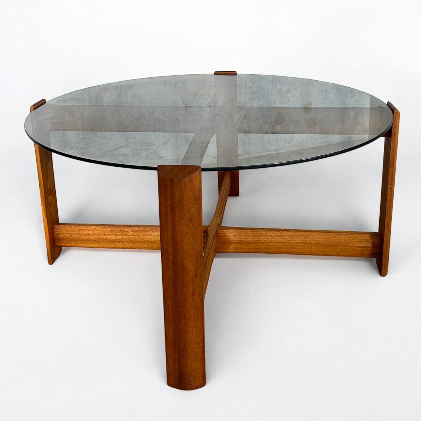 Mid Century Modern Myers Smoked Glass and Teak Wood Coffee Table