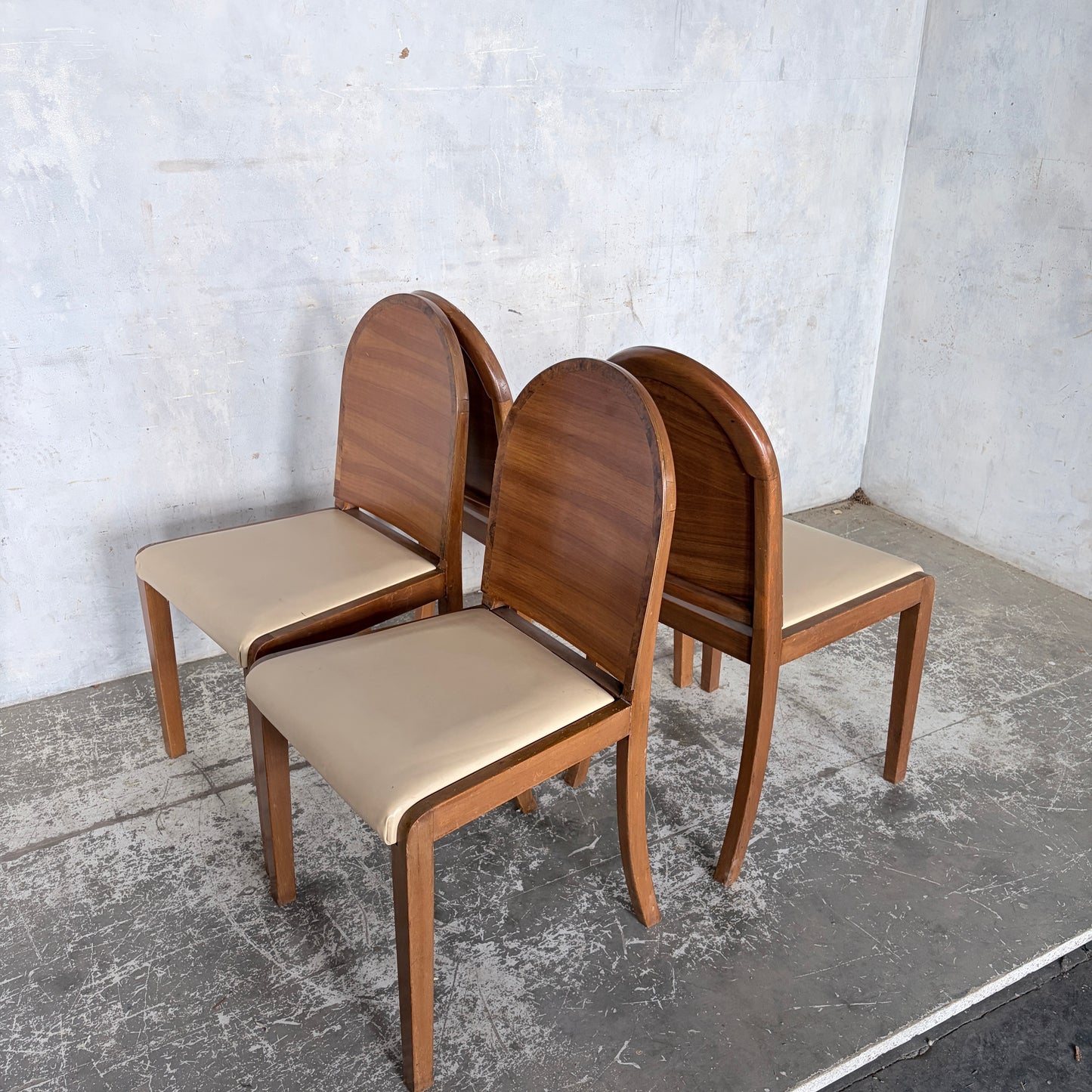 Set of Four Art Deco Burr Walnut Dining Chairs with Cream Upholstered Seats