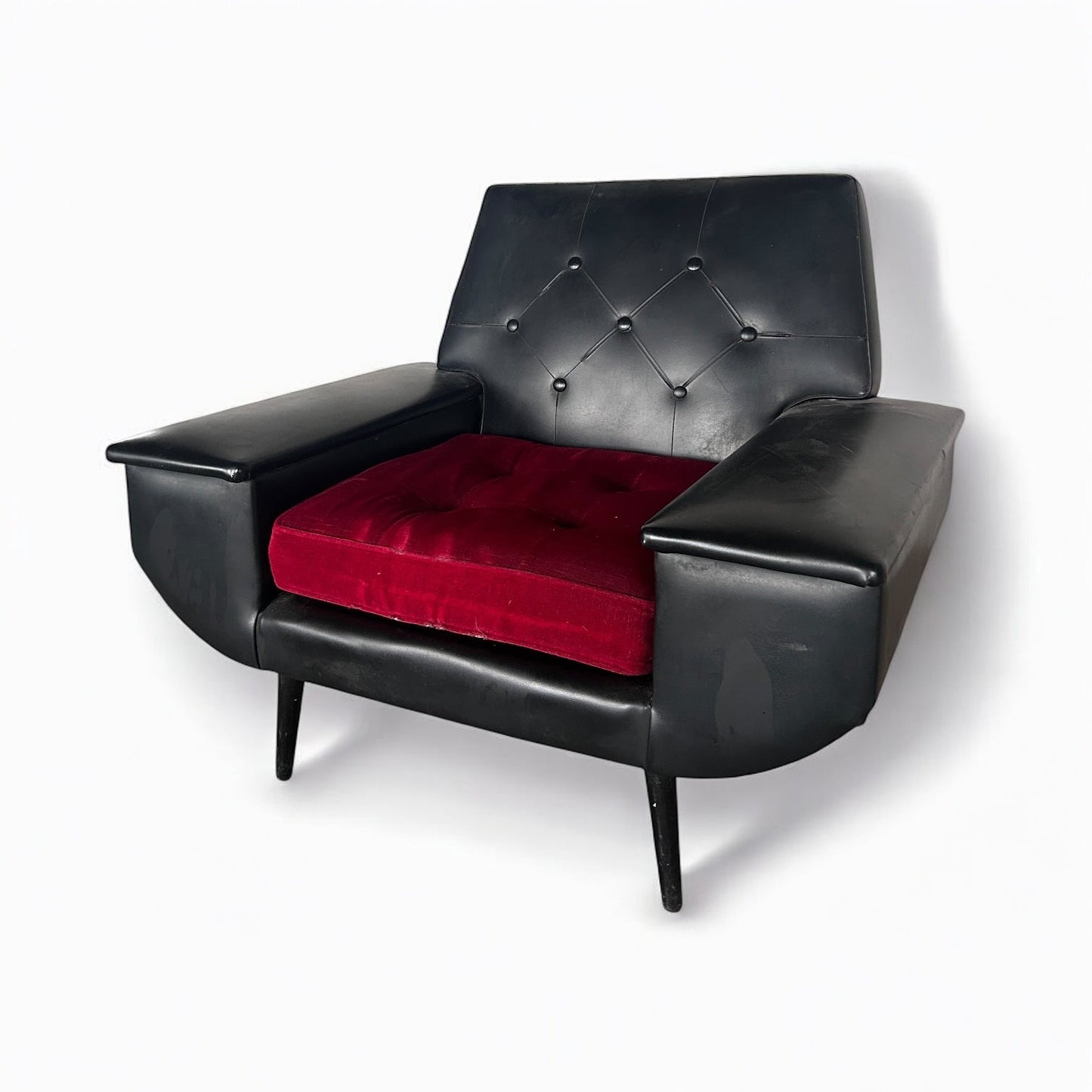 Mid-Century Black Vinyl Armchair with Red Seat Cushion