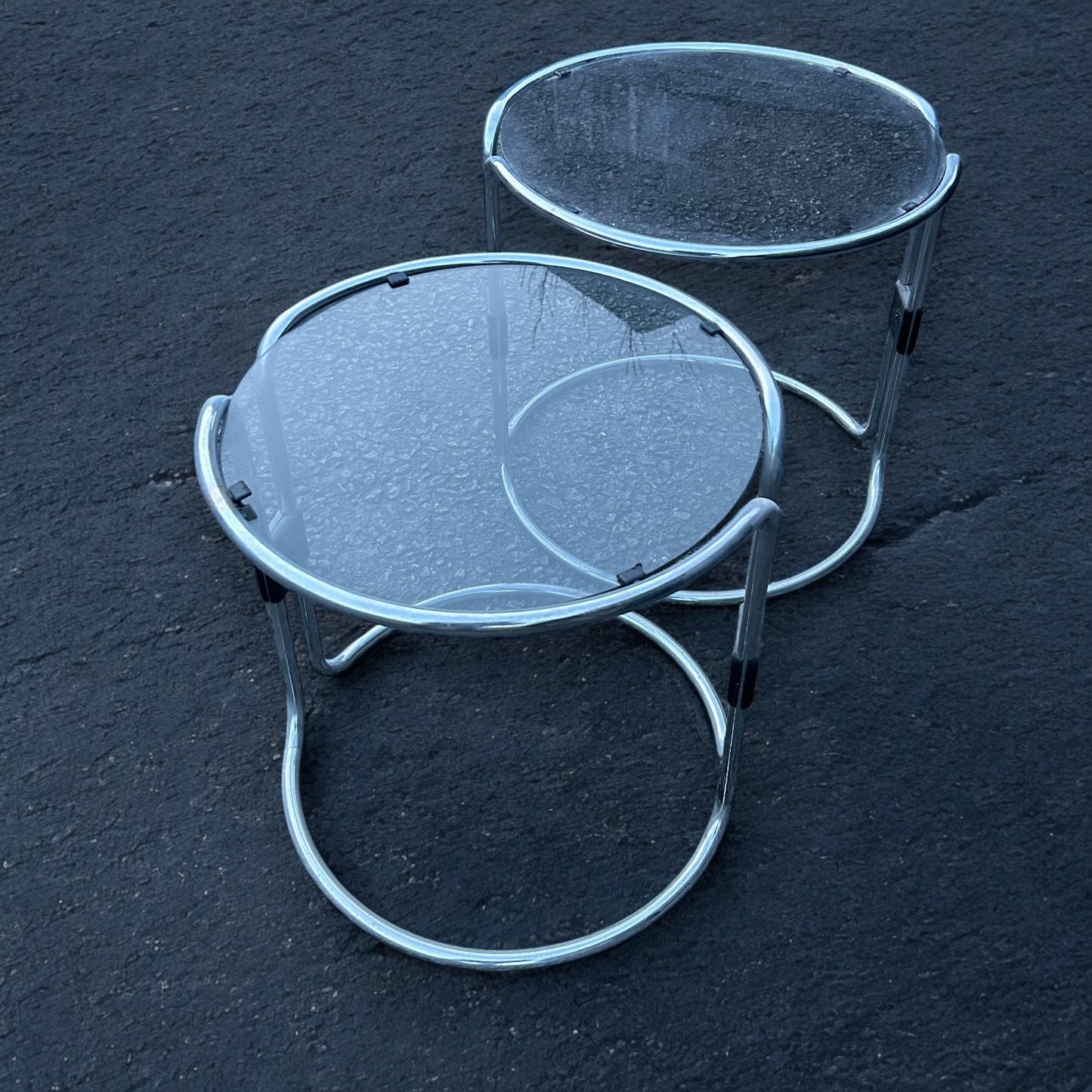 Mid Century Italian Chrome and Smoked Glass Round Nest of Tables