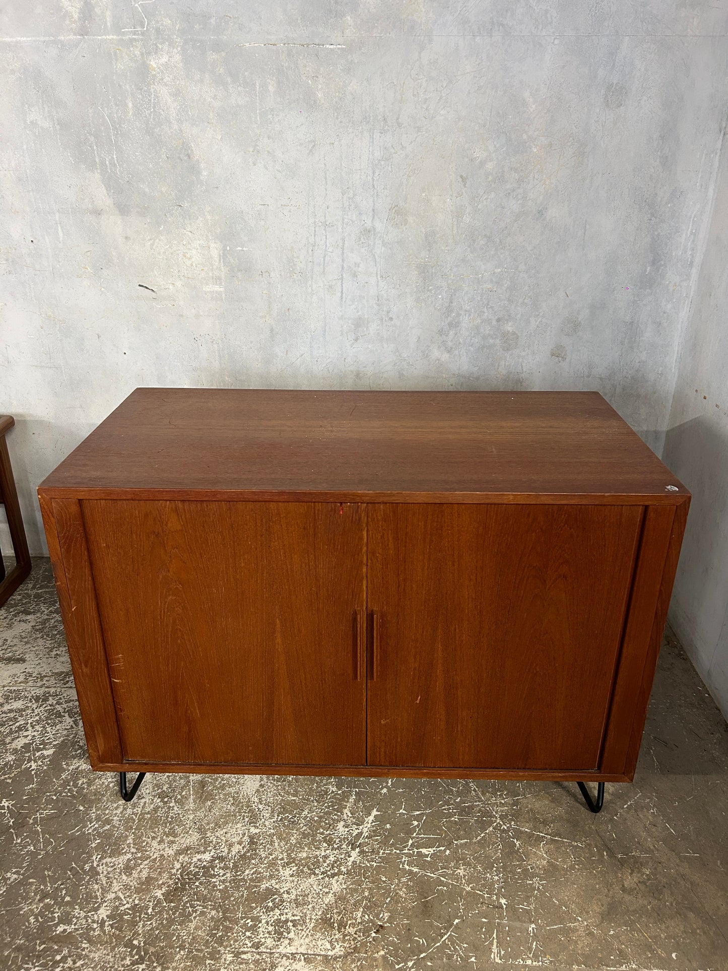 Mid Century Danish Teak Tambour Cabinet on Hairpin Legs | Vintage Sideboard Storage