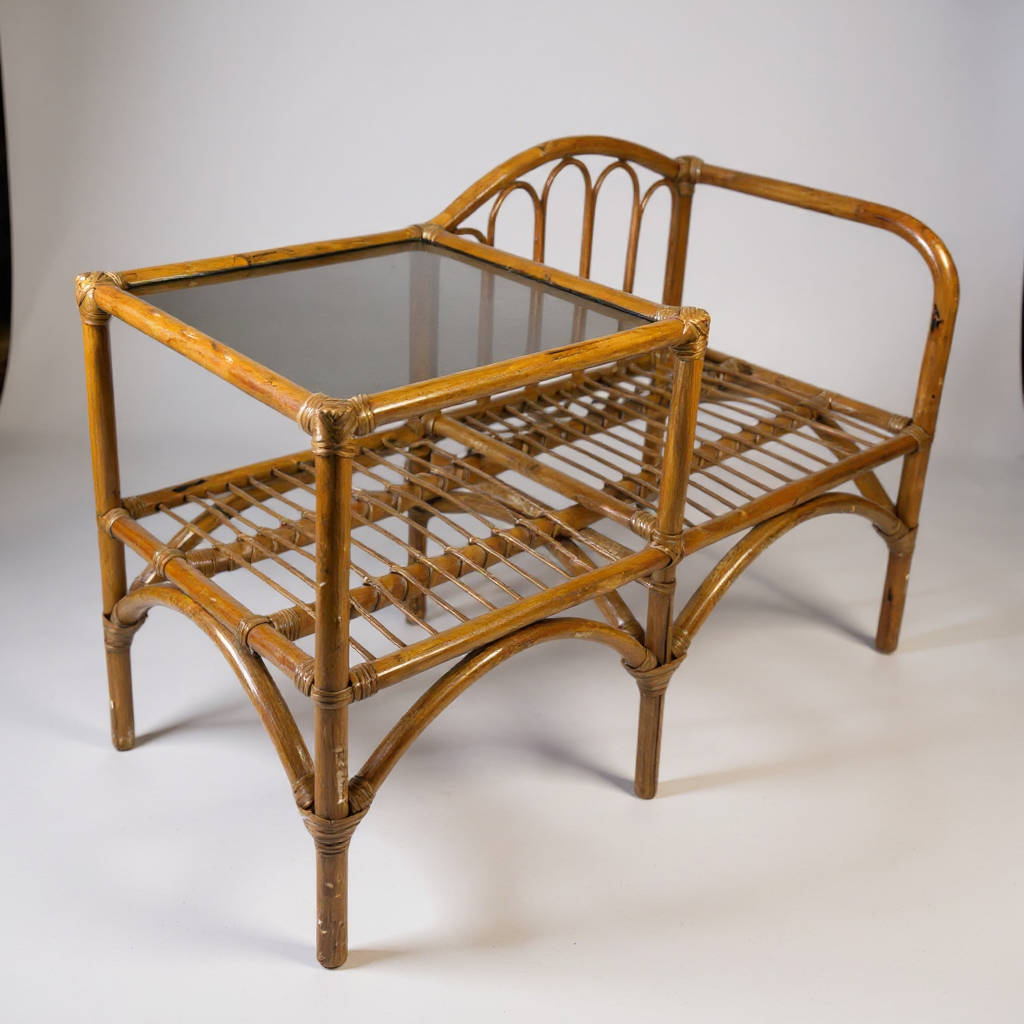 Vintage Bamboo Telephone Table with Smoked Glass Top | Boho Mid Century Rattan Hallway Seat