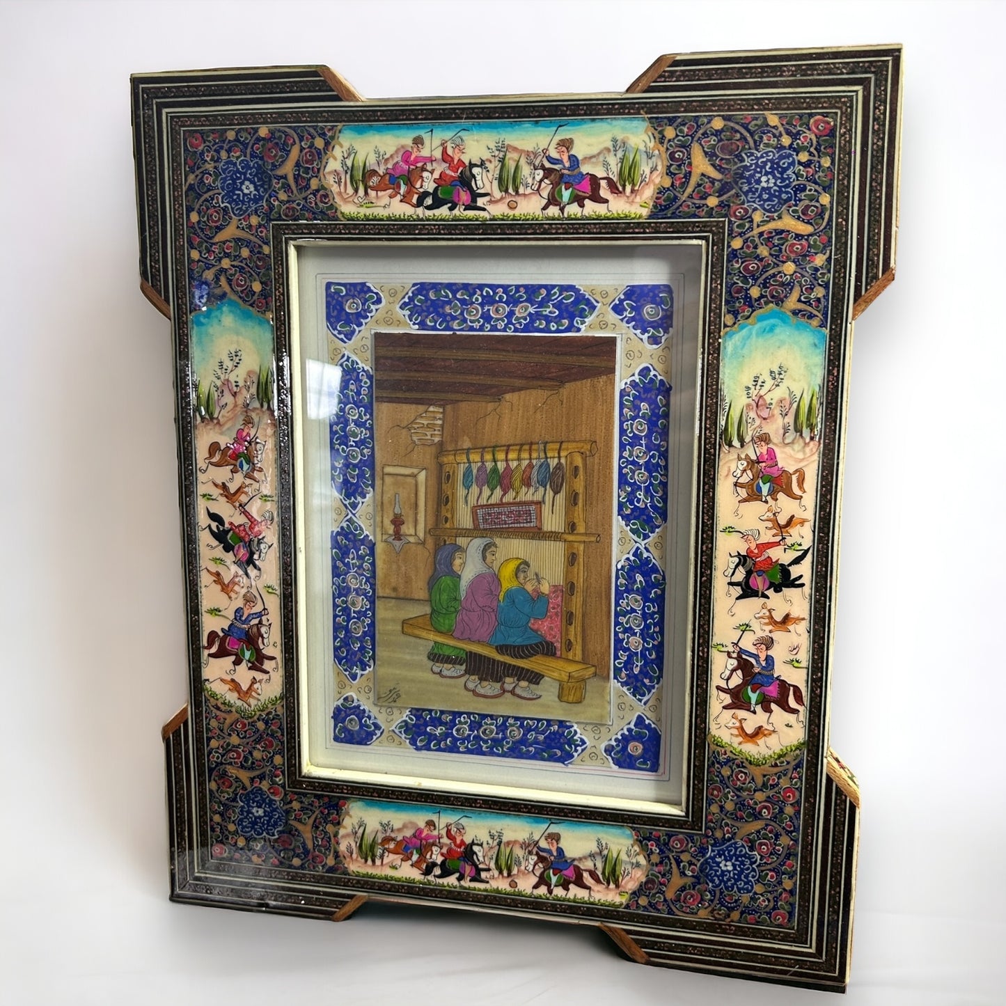 Vintage 1950s Persian Khatam Mosaic Watercolour Painting